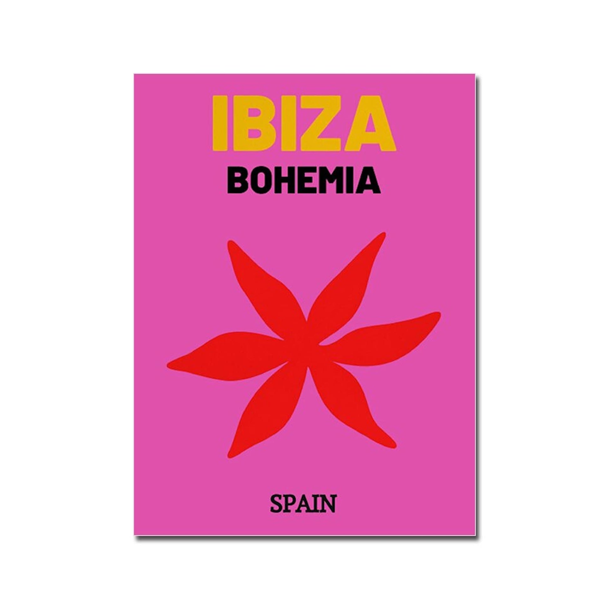Lebhaftes Ibiza-Wandkunst-Poster mit der Aufschrift 'IBIZA BOHEMIA' von justgoodmood, perfekt für eine inspirierende Dekoration.