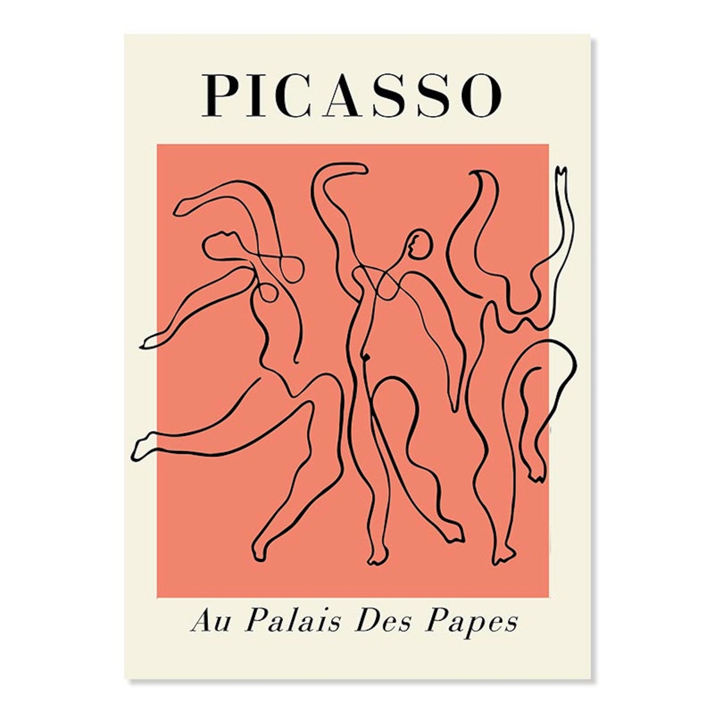 Künstlerisches Poster "Picasso Abstrakt I" von justgoodmood, das tanzende Figuren in abstrakter Form auf leuchtendem Hintergrund zeigt - ideal für Wohnkultur und stilvolle Wanddekoration.