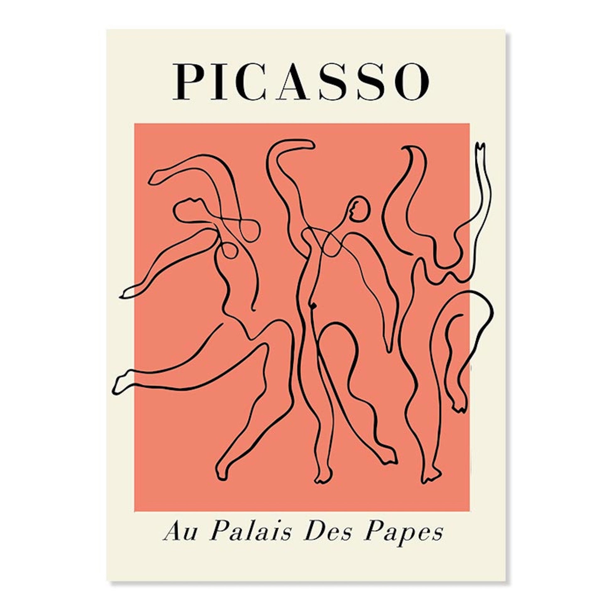 Künstlerisches Poster "Picasso Abstrakt I" von justgoodmood, das tanzende Figuren in abstrakter Form auf leuchtendem Hintergrund zeigt - ideal für Wohnkultur und stilvolle Wanddekoration.