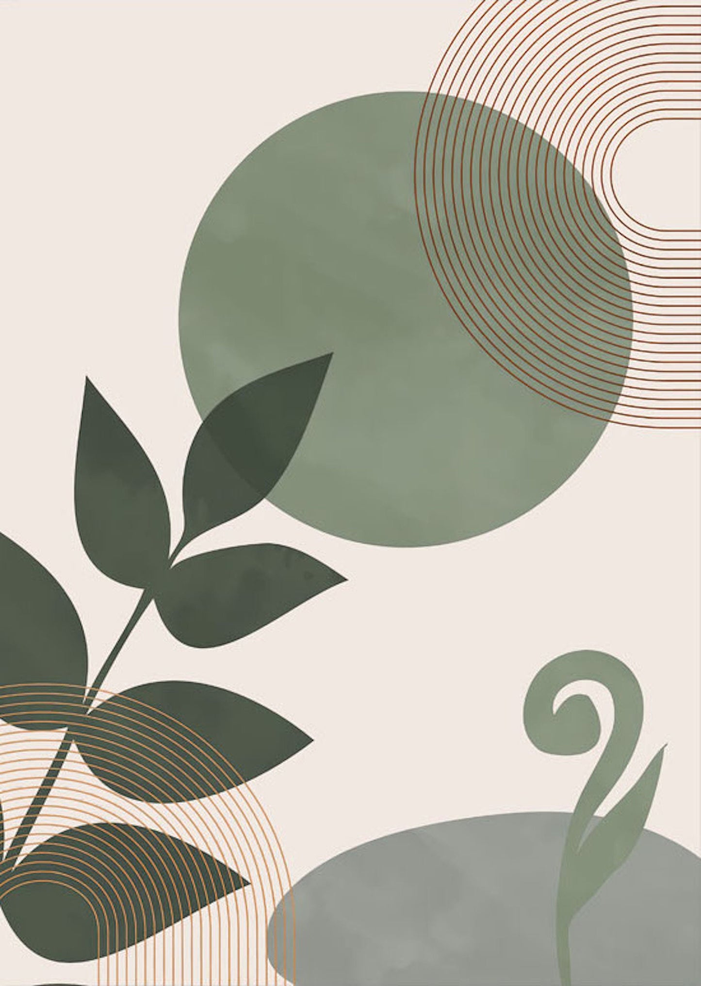 Elegantes Wandbild mit grünen Blättern und geometrischen Formen, ideal für die stilvolle Dekoration Ihres Wohnraums. Entdecken Sie das Poster Set von justgoodmood: Boho Geometrische Formen Grün.