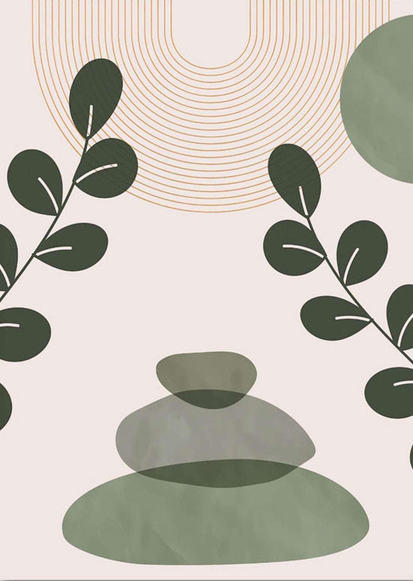 Faszinierendes Poster mit übereinander gestapelten geometrischen Formen und grünen Blättern, ein perfektes Stück für Ihr Schlafzimmer oder Wohnzimmer. Von justgoodmood: Boho Geometrische Formen Grün.