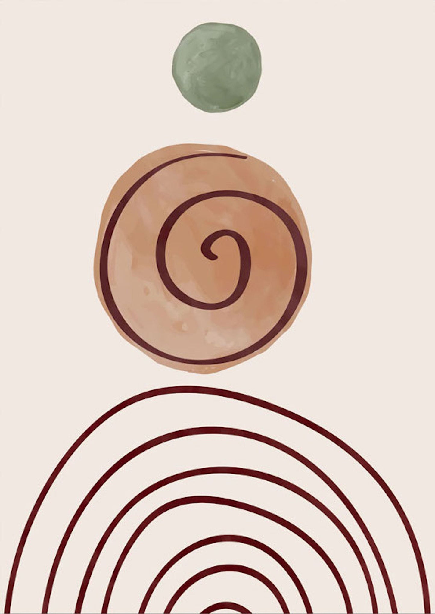 Schönes Kunstwerk mit spiralförmigen und runden Mustern, das eine harmonische Atmosphäre schafft. Perfekt für Ihr Zuhause mit dem Poster Set von justgoodmood: Boho Geometrische Formen Grün.
