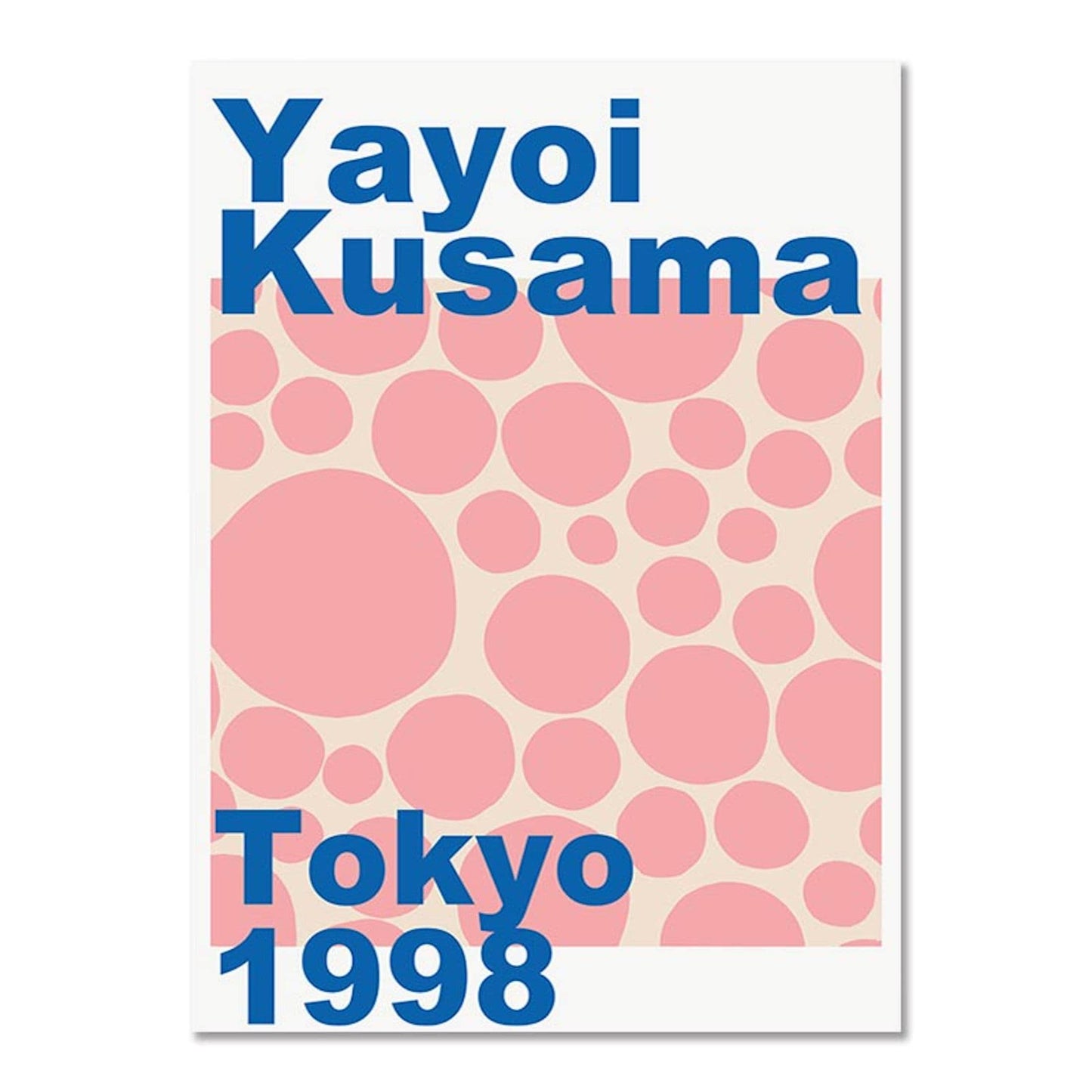 Buntes Poster von Yayoi Kusama mit pinken Punkten und blauem Text, erhältlich bei justgoodmood unter dem Titel 'Poster Japan Tokio Yayoi Kusama Kürbis'.