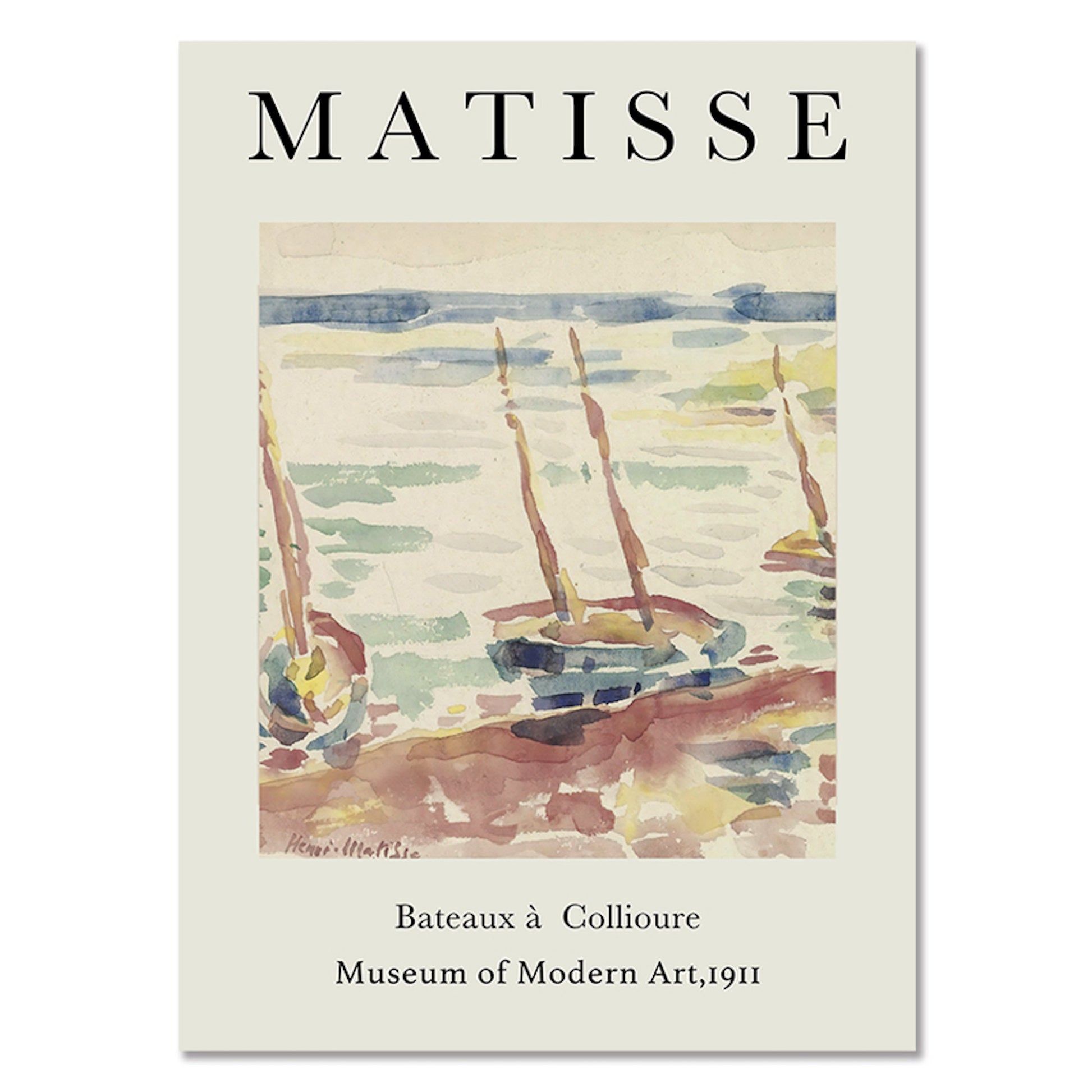Malerei von Matisse 'Bateaux à Collioure', verfügbar bei justgoodmood. Ein zeitloses Kunstwerk für jeden Kunstliebhaber und eine stilvolle Wandgestaltung.