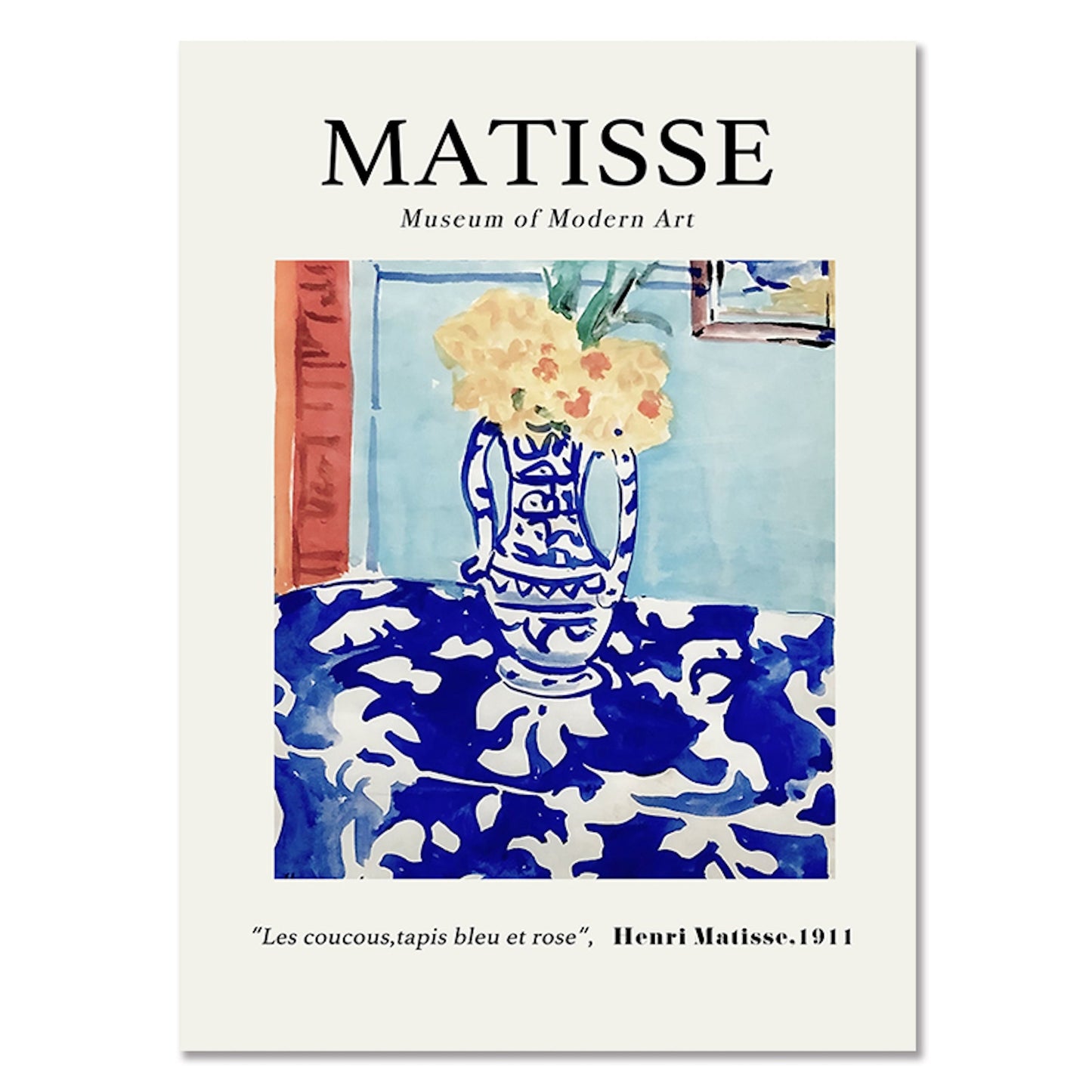 Matisse Poster "Les coucous, tapis bleu et rose" von justgoodmood, ein fröhlicher Deko-Print für ein lebendiges Zuhause.