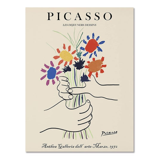 Buntes Kunstwerk von Picasso, das eine kreative Blütenarrangement zeigt. Erhältlich bei justgoodmood als Teil unserer modernen Kunstposter-Kollektion.