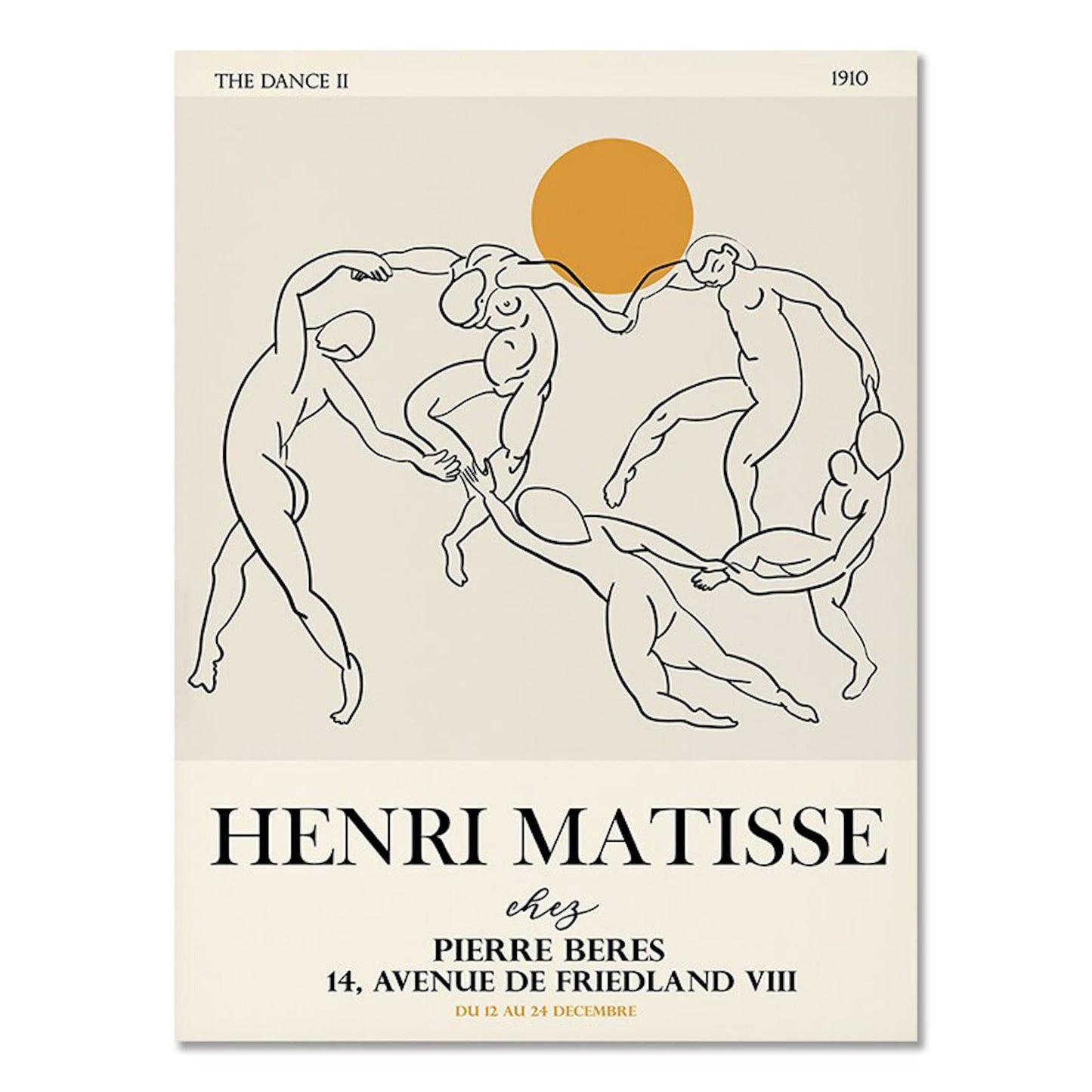Dynamisches Matisse-Poster mit tanzenden Figuren und einer Sonne, das Lebensfreude in Ihr Zuhause bringt. By justgoodmood.