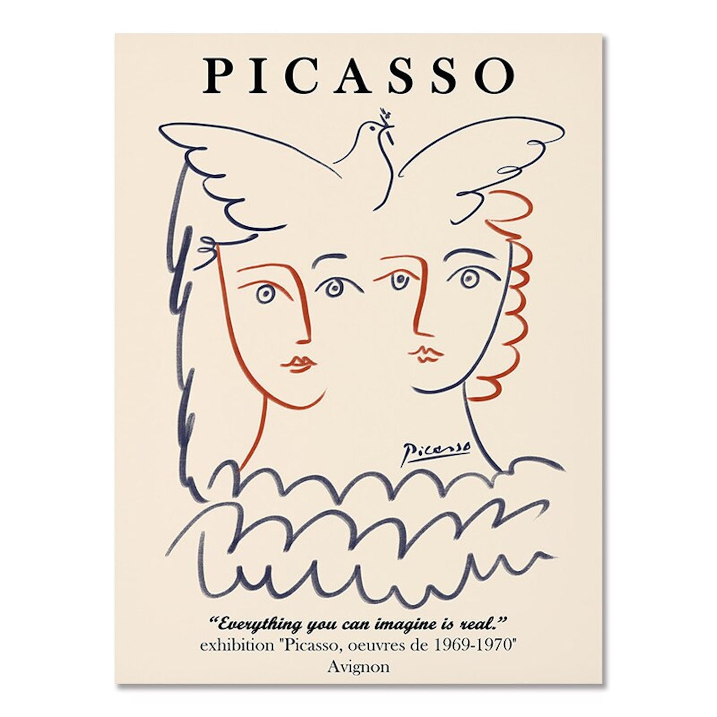 Inspirierendes Poster im Picasso-Stil mit zwei Gesichtern und einer Taube, perfekt für Wohnzimmer- und Schlafzimmerdekoration. Von justgoodmood.