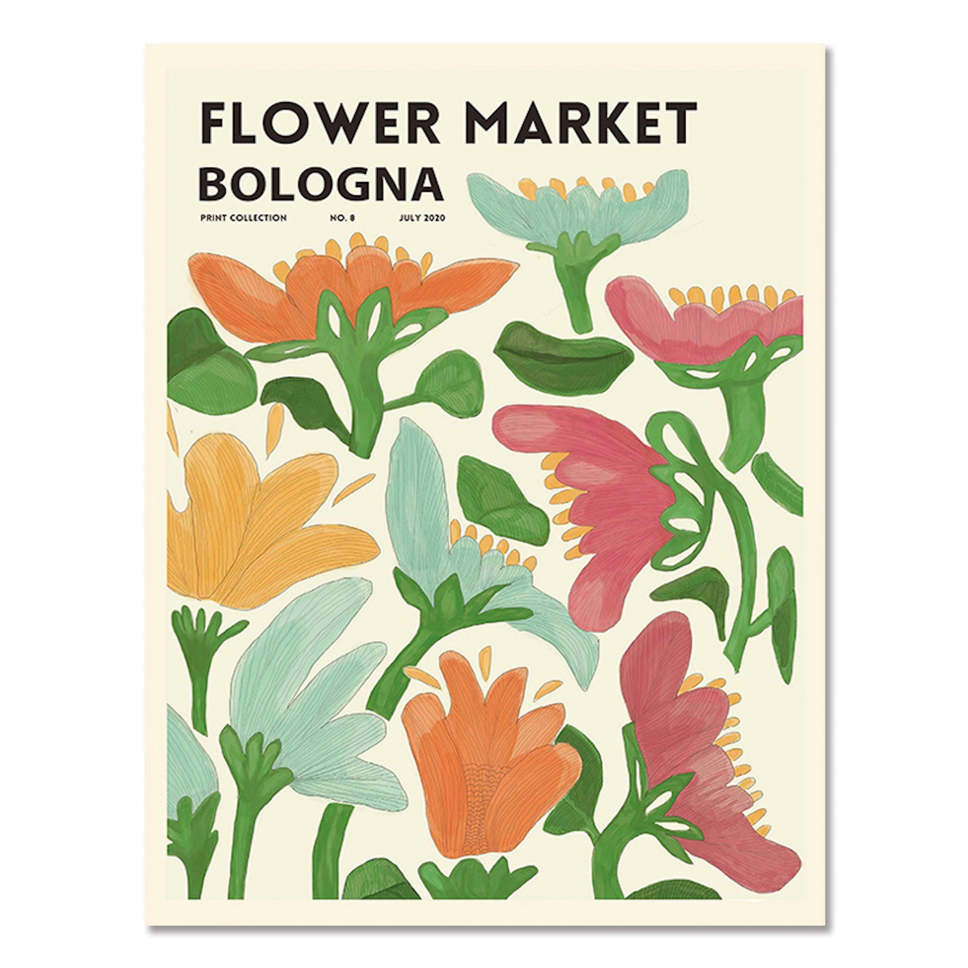 Blumenmarkt Bologna Poster von justgoodmood, farbenfrohe Blumenillustrationen, perfekt für eine fröhliche Raumdekoration.