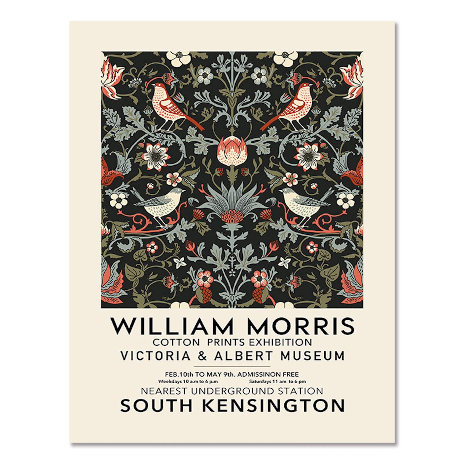 William Morris Exhibition Poster von justgoodmood, künstlerische florale Muster auf prächtigem Hintergrund, ideal für Kunstliebhaber.