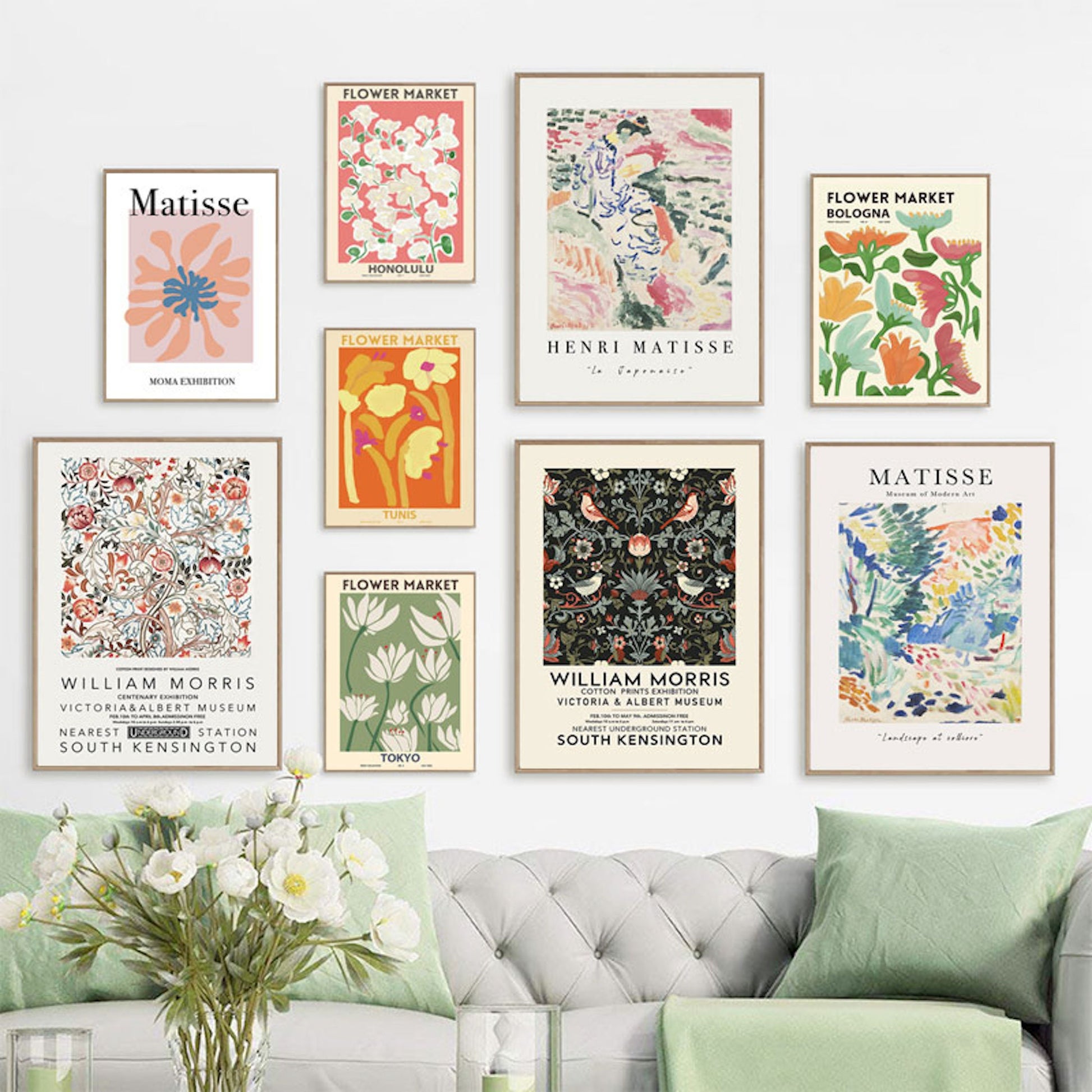 Bunte und stilvolle Wandbilder im modernen Interieur, einschließlich Matisse Blumen Poster von justgoodmood – perfekt für Wohnzimmer und Schlafzimmer Deko.