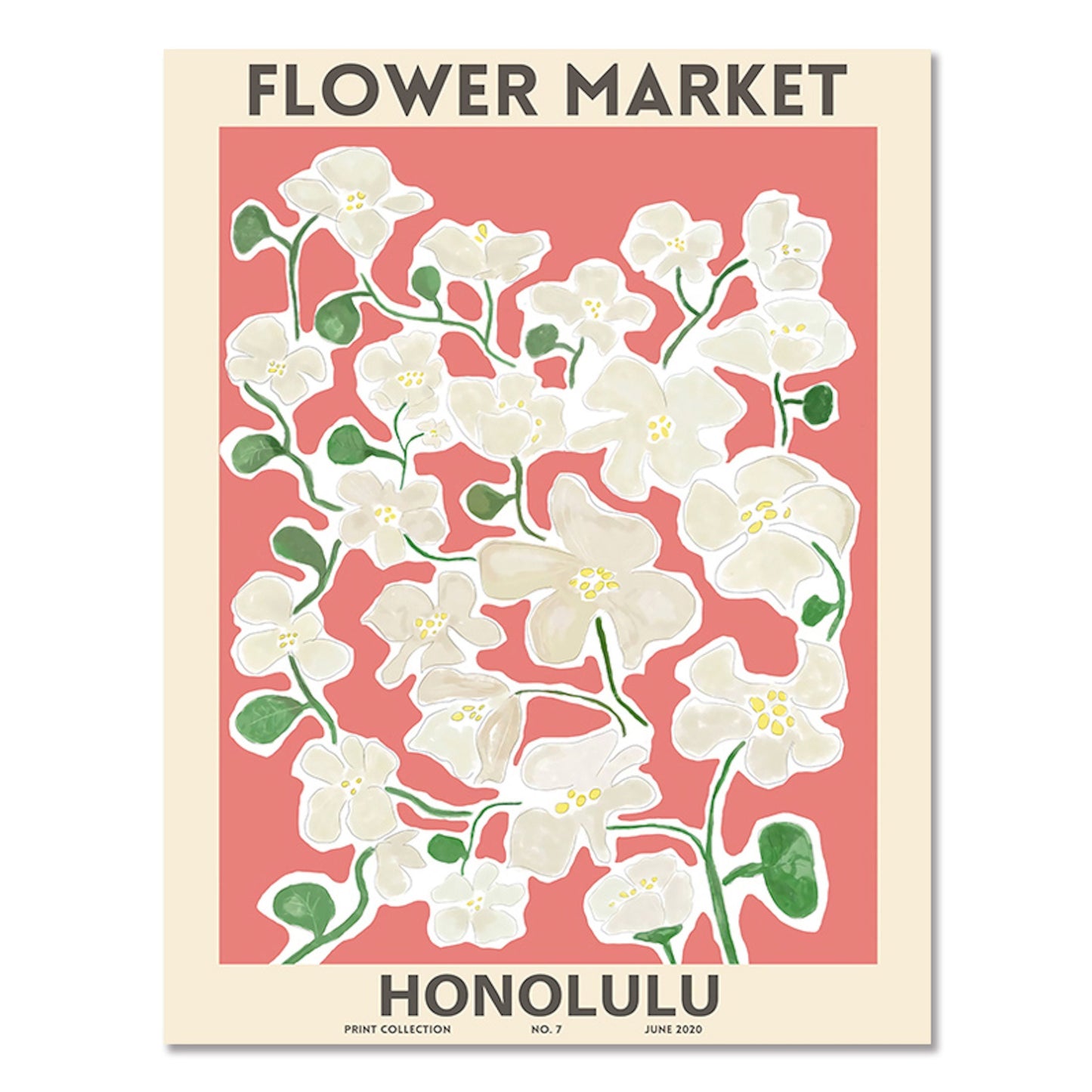 Schönes Matisse Blumen Poster 'Blumenmarkt' von justgoodmood, mit einem eleganten floralen Design in sanften Weißtönen auf korallenfarbenem Hintergrund, perfekt für eine stilvolle Wohnraumgestaltung.