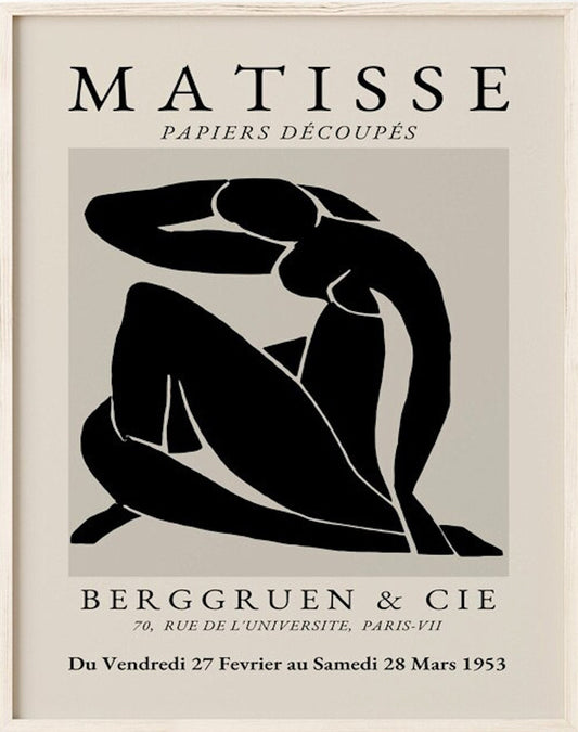 Elegantes Matisse Abstrakt Poster von justgoodmood, zeigt eine stilisierte Figur in schwarzem Design, perfekt als Deko Print für dein Zuhause.