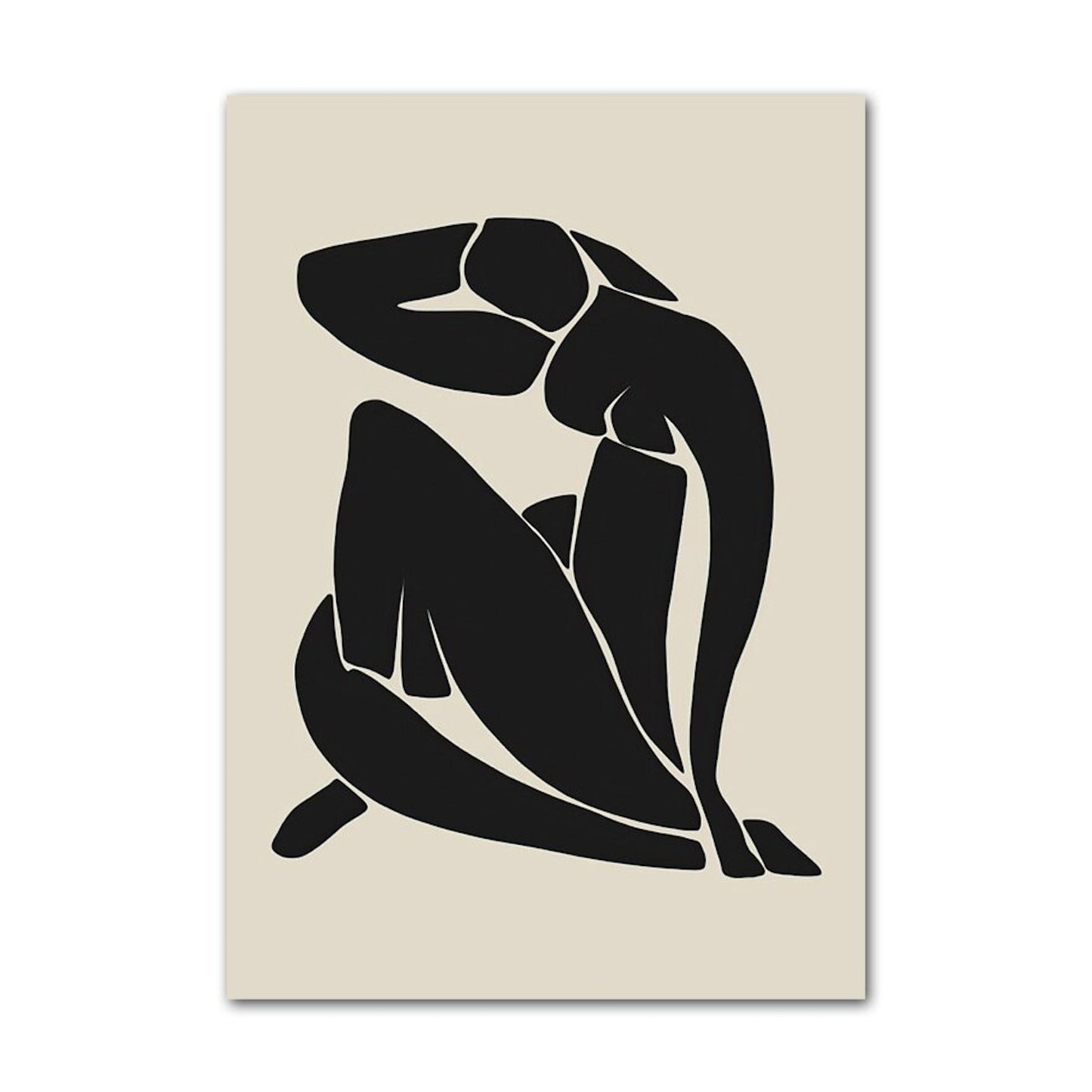 Stilvolles Poster mit einer dynamischen, sitzenden Figur in schwarzer Silhouette von justgoodmood, ausgezeichnet geeignet als Deko Print ohne Rahmen.