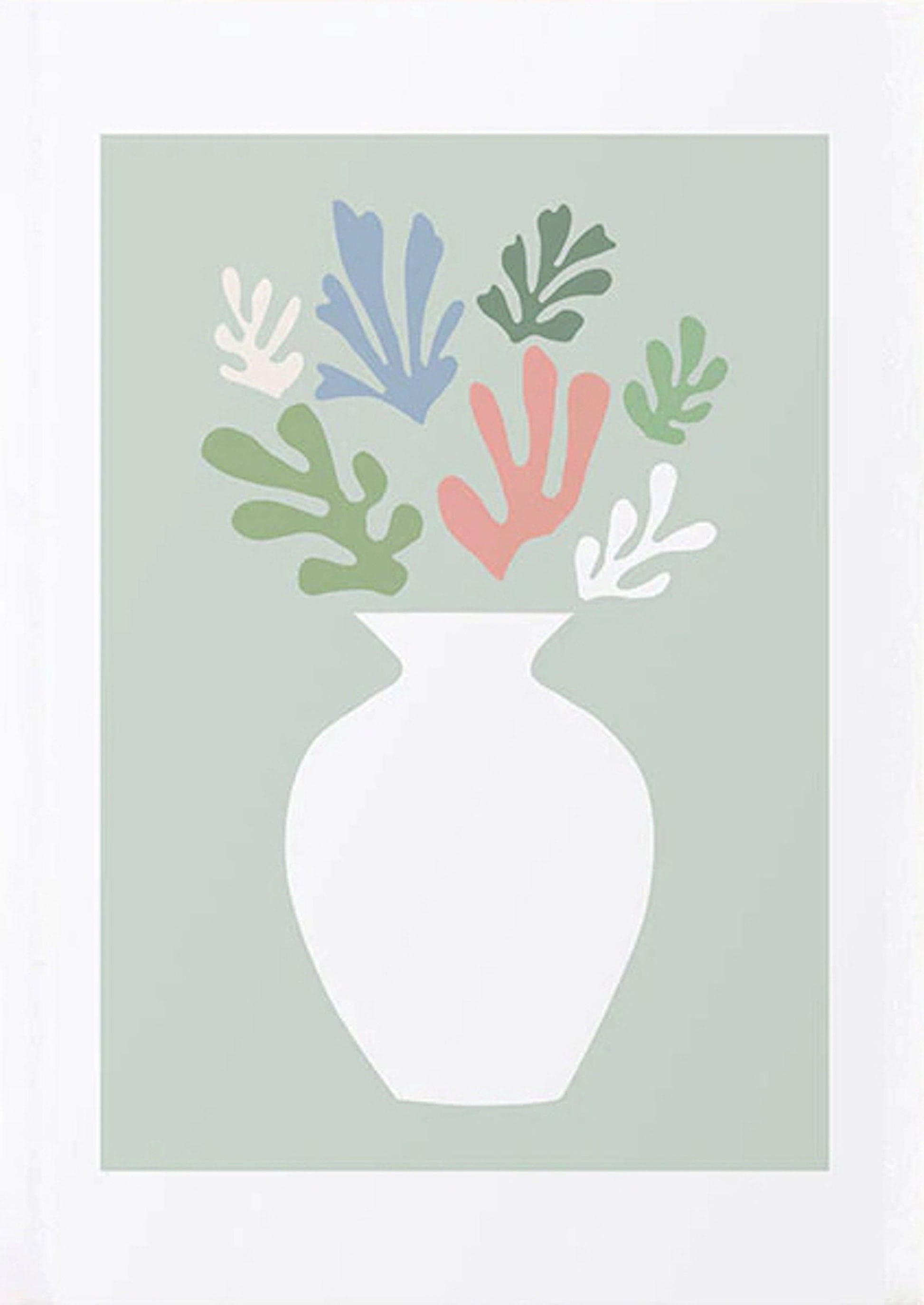 Elegantes Wandbild 'Matisse Blumen Körper' von justgoodmood, zeigt eine Vase mit bunten Blättern auf sanft grünem Hintergrund, perfekt für eine entspannte Raumgestaltung.