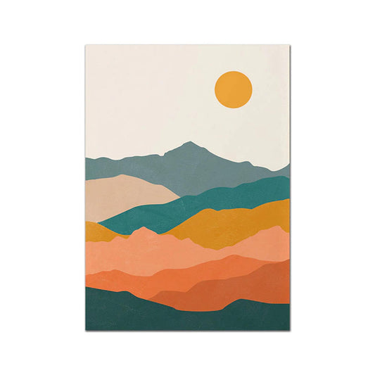 Boho Abstrakt Terrakotta Senf Sonne Poster von justgoodmood, wunderschönes Landschaftsbild mit Sonne und sanften Hügeln in warmen Farbtönen.