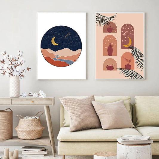 Boho Sonne Botanik Blätter Poster von justgoodmood – Stilvolle Wandgestaltung mit einem nächtlichen Landschaftsdesign und botanischen Akzenten für ein gemütliches Wohnzimmer.