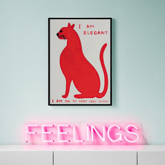 Fröhliches Poster mit roter Katze und humorvollem Text "I AM ELEGANT" von justgoodmood, perfekt für Ihre Wanddekoration.