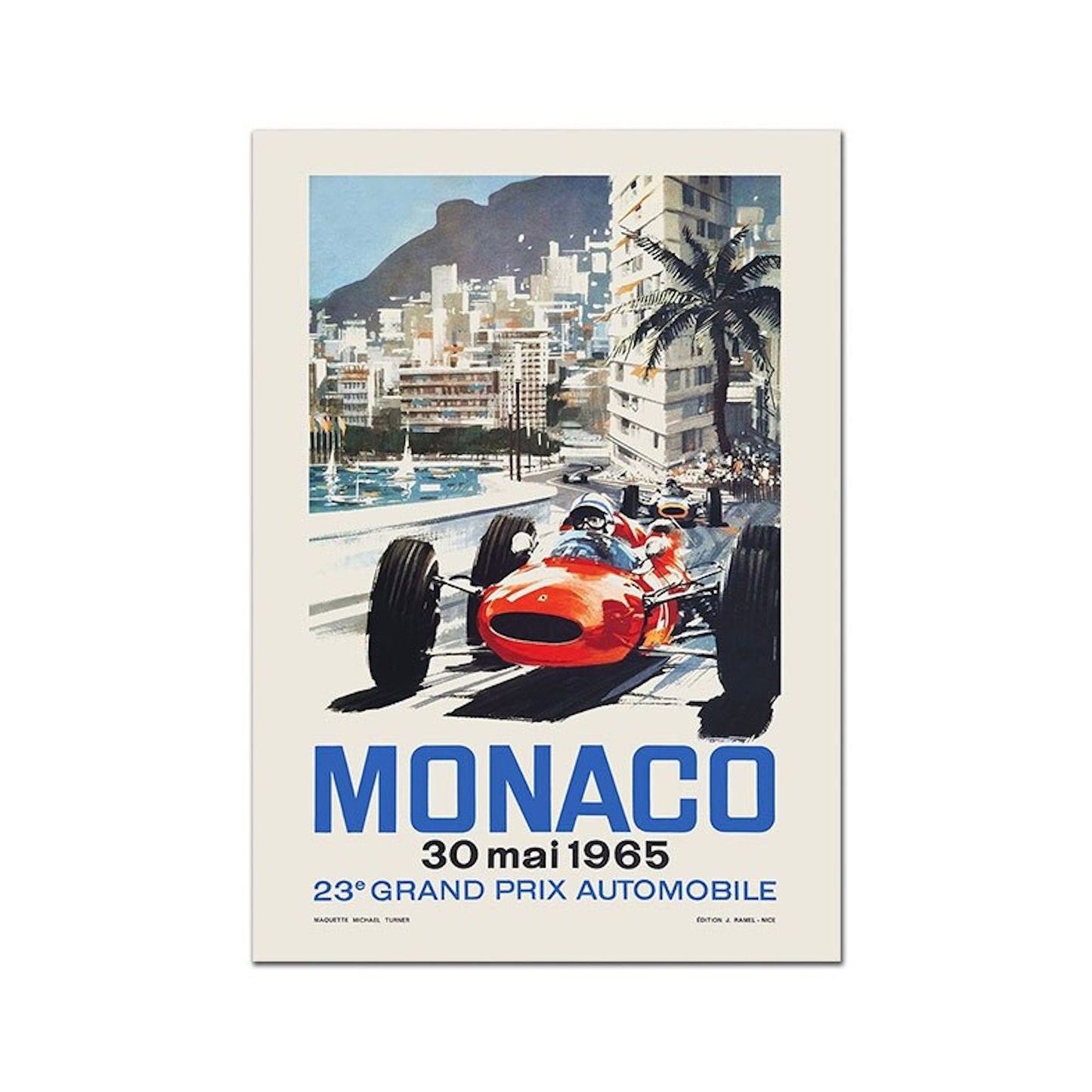 Minimalistische Darstellung des Posters 'Monaco Rennwagen Formel 1 Grand Prix' von justgoodmood, das die spannende Atmosphäre des berühmten Rennens präsentiert.