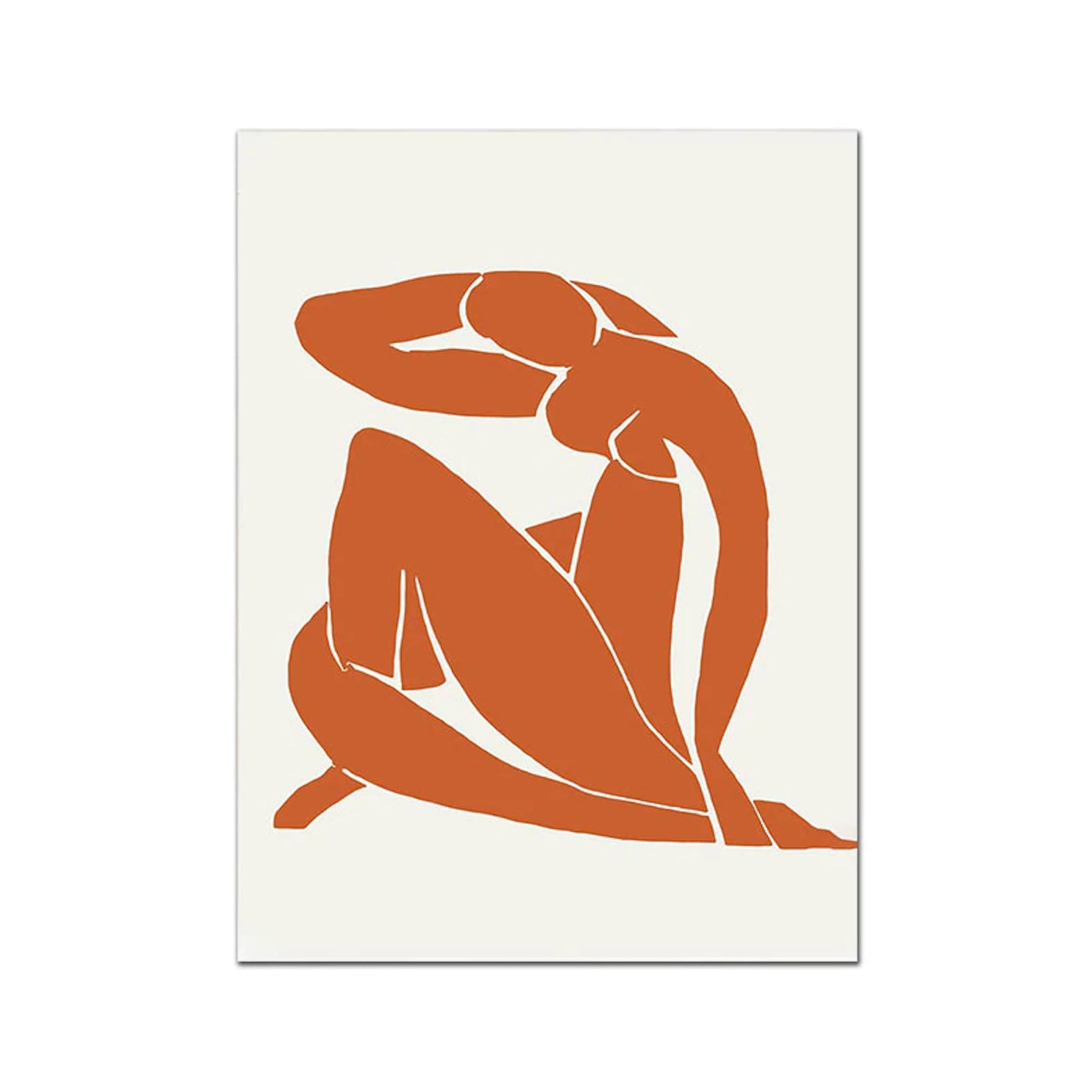 Ein stilvolles Poster in Orangetönen mit einer sitzenden Figur, ideal für eine moderne Wanddekoration. Poster Matisse Gesicht Abstrakt | Deko Print ohne Rahmen von justgoodmood.