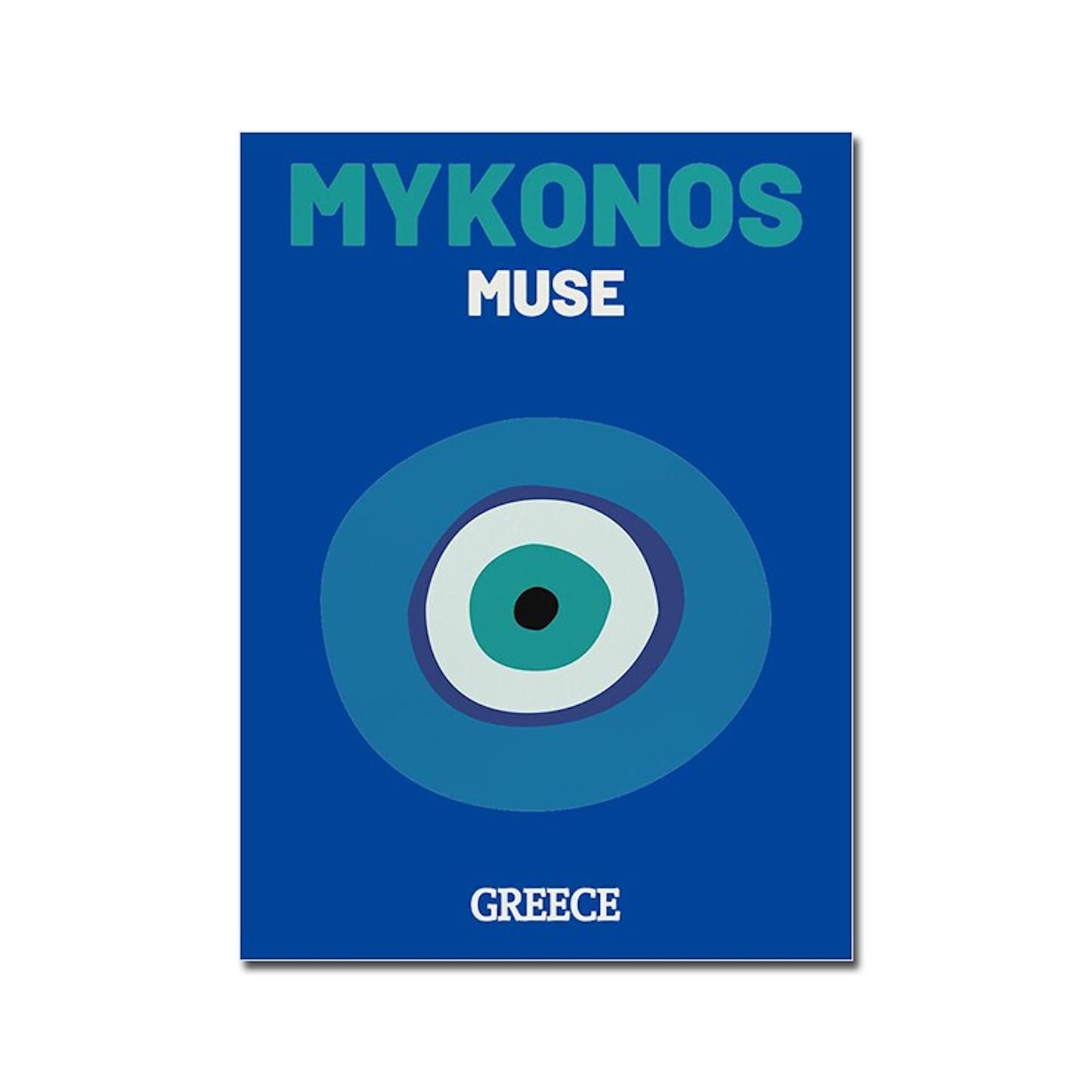 Einzigartiges Mykonos Poster in leuchtendem Blau, ideal für Wanddekoration, gestaltet von justgoodmood, als Teil der Städte Reise Wandkunst.