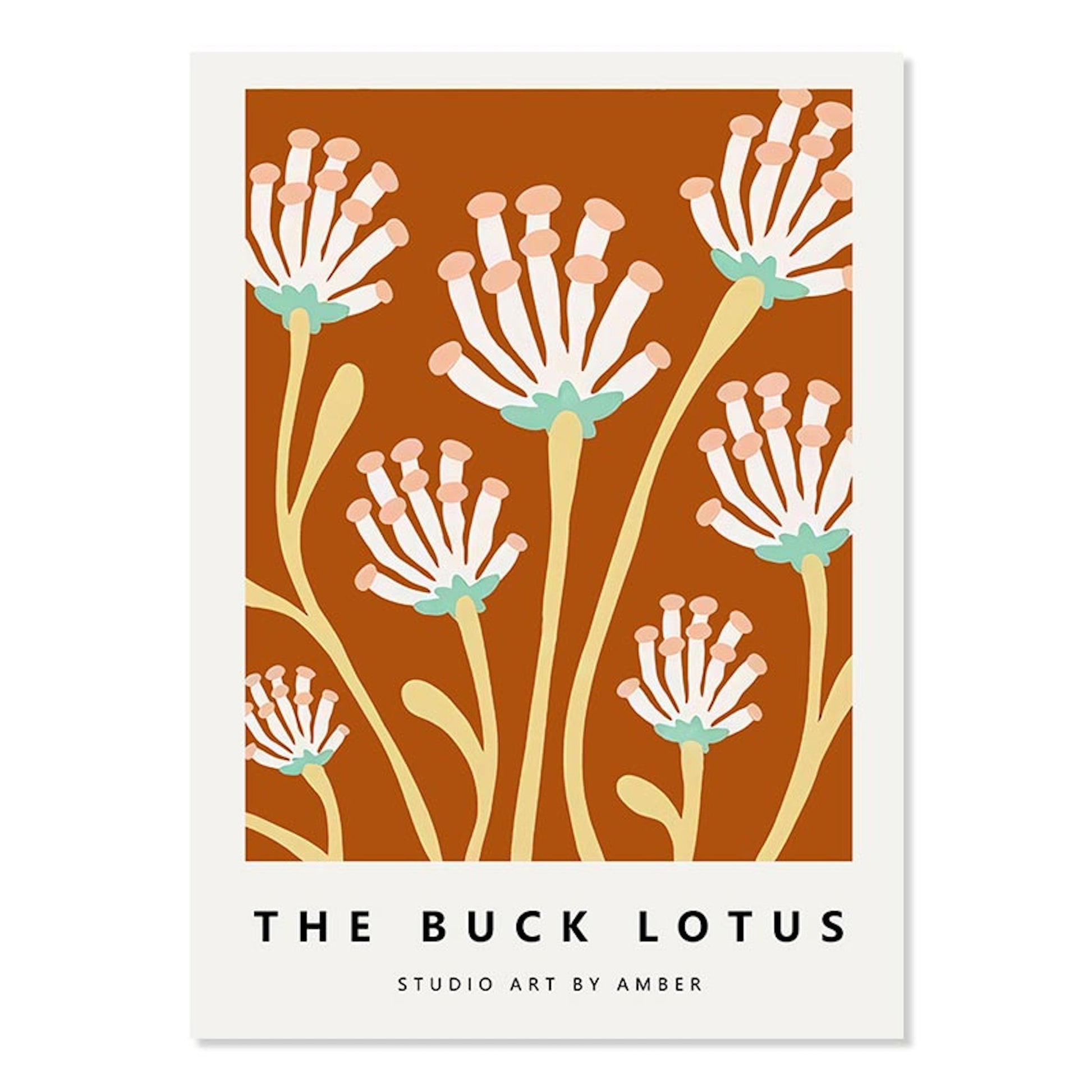 Lebhaftes Poster "The Buck Lotus" von justgoodmood, welches elegante, stilisierte Blumenillustrationen auf warmem Hintergrund zeigt - bringt frischen Wind in jedes Zuhause.
