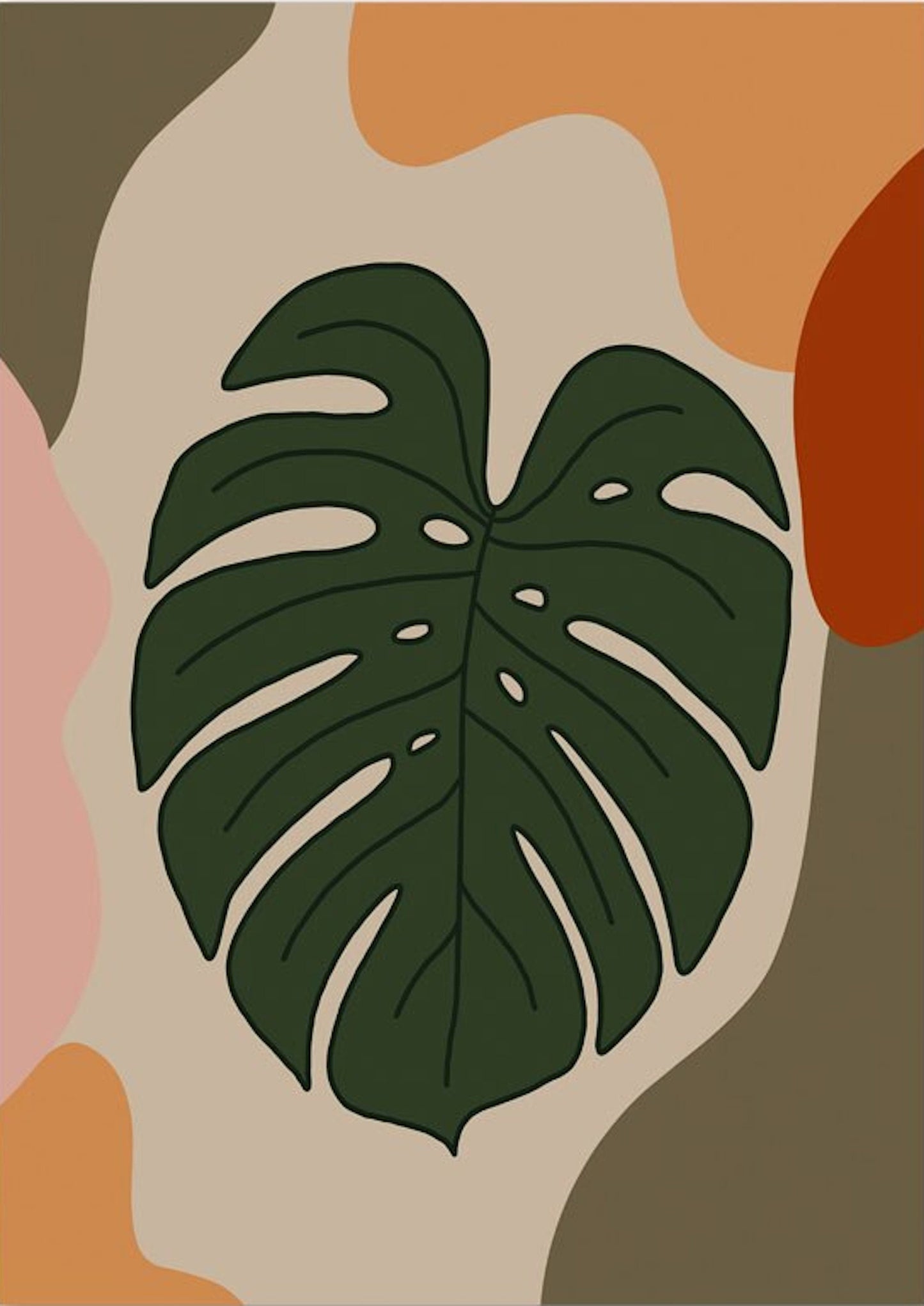 Kreatives Boho-Poster von justgoodmood mit einem großen Monstera Blatt in warmen Farben, ideal für eine elegante Wandgestaltung.