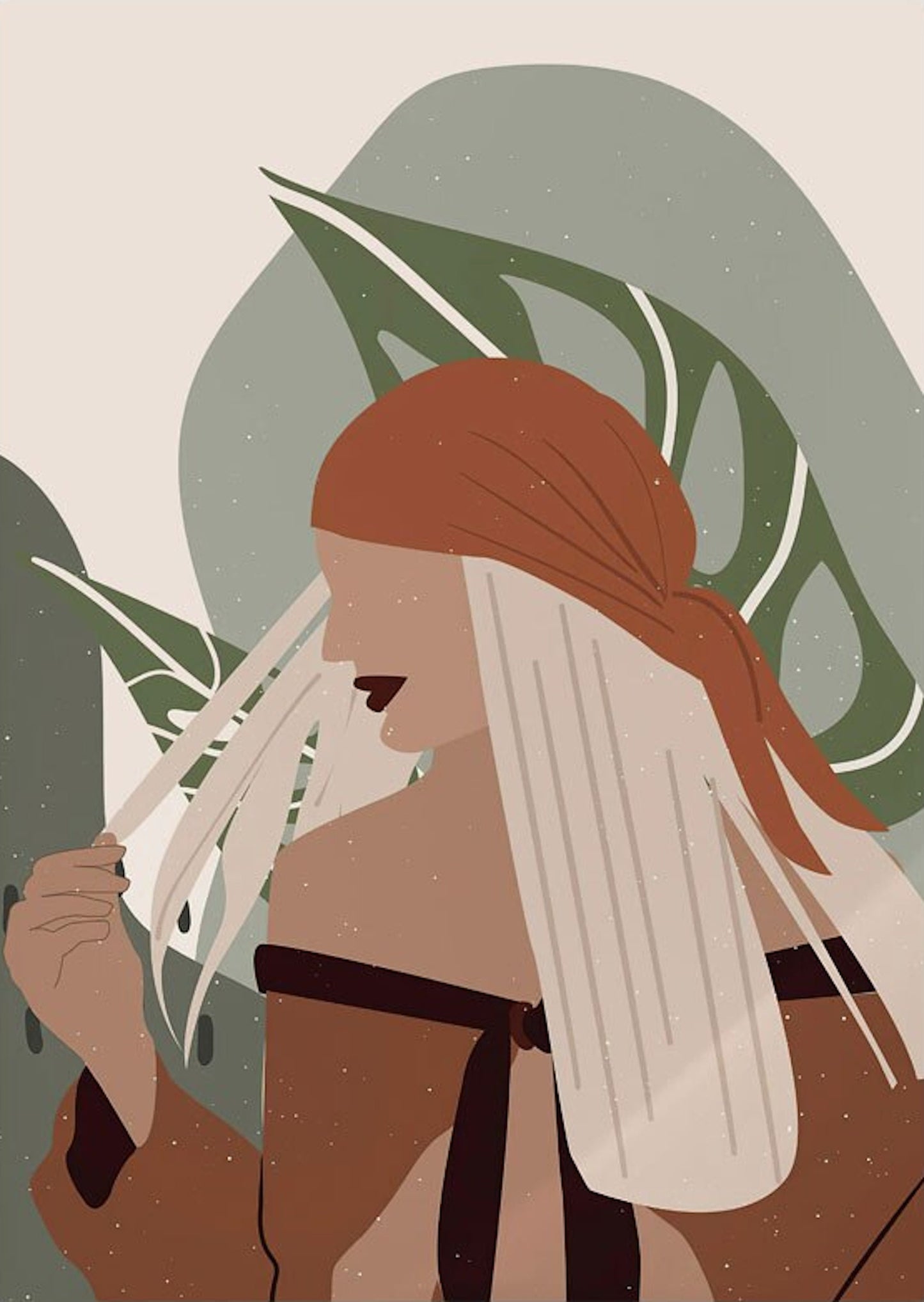 Schönes Boho-Poster von justgoodmood mit lässiger Frau, die mit einer Monstera Pflanze posiert, perfekt für kreative Wohnräume.