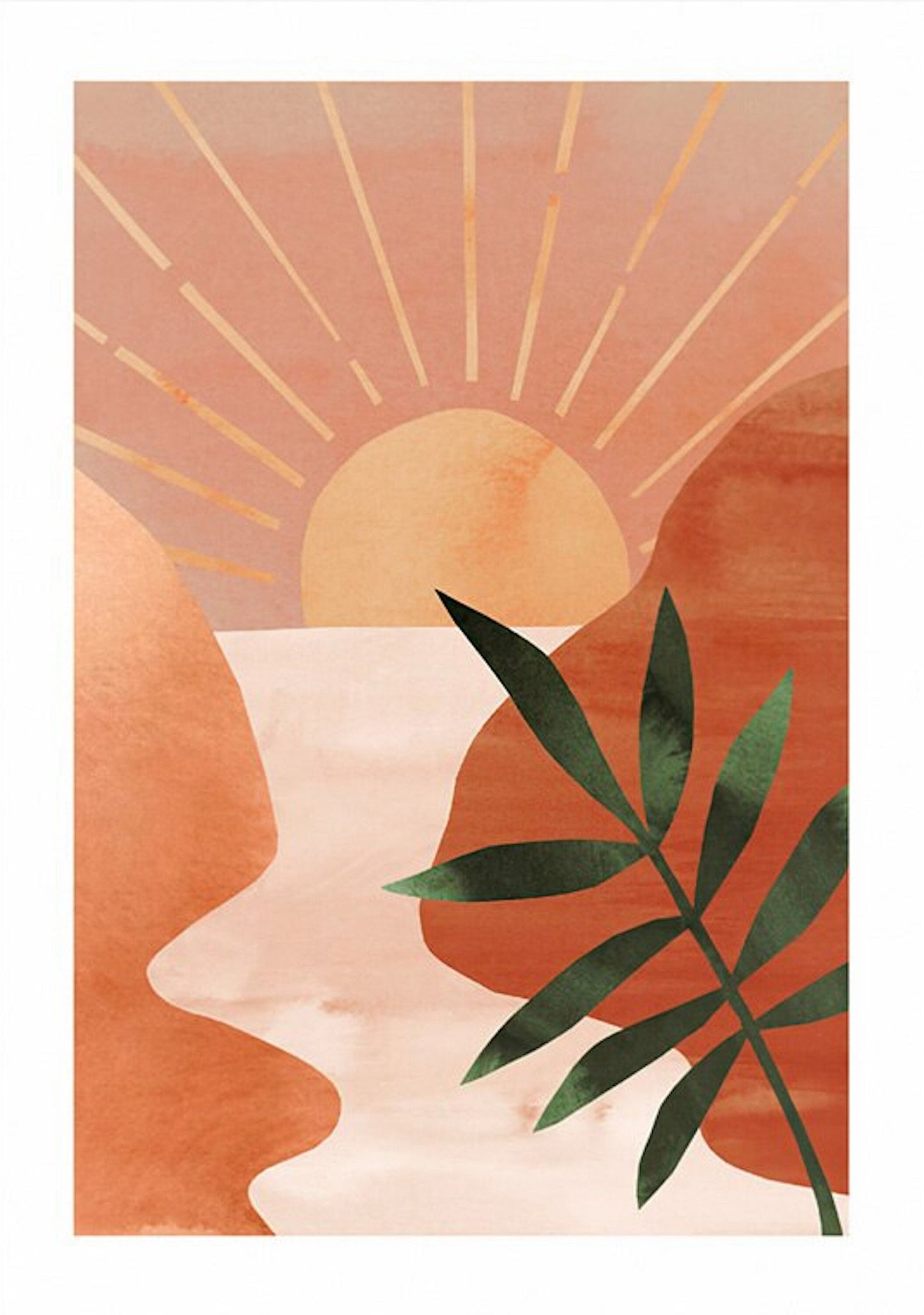 Wunderschöner Poster in Rottönen mit Sonnenuntergang und grünen Blättern, ideal als Deko Print von justgoodmood.
