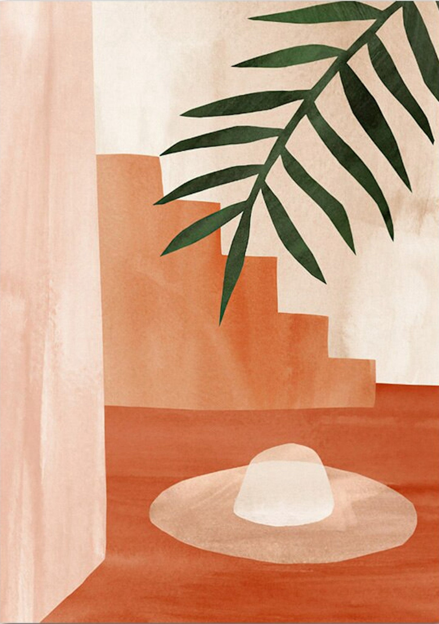 Schönes Wandbild mit grünen Blättern auf einem rötlichen Hintergrund, ideal als Deko Print von justgoodmood.