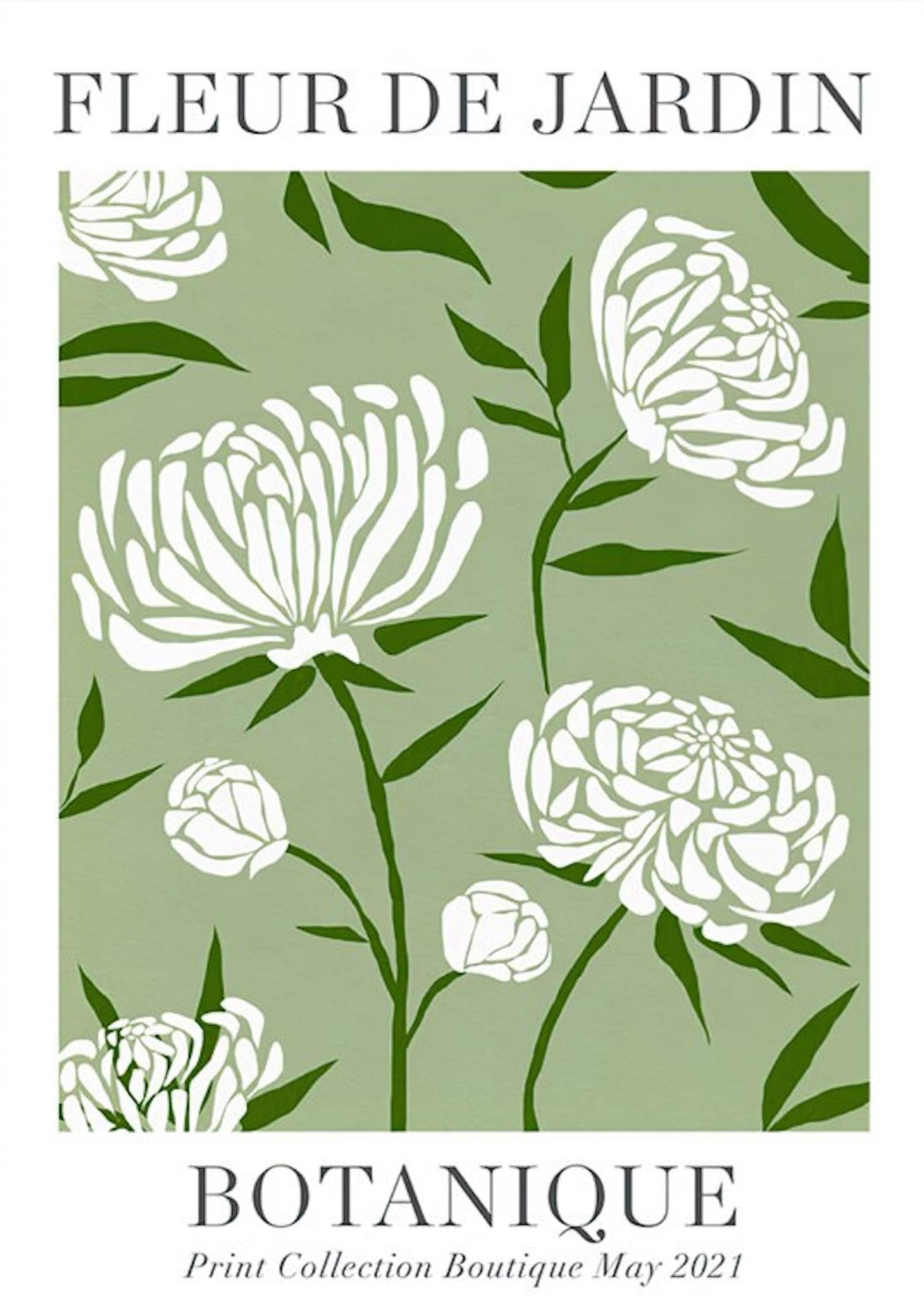 Wunderschönes botanisches Poster von justgoodmood mit weißen Blumen auf grünem Hintergrund, perfekt für eine frische Deko-Idee.