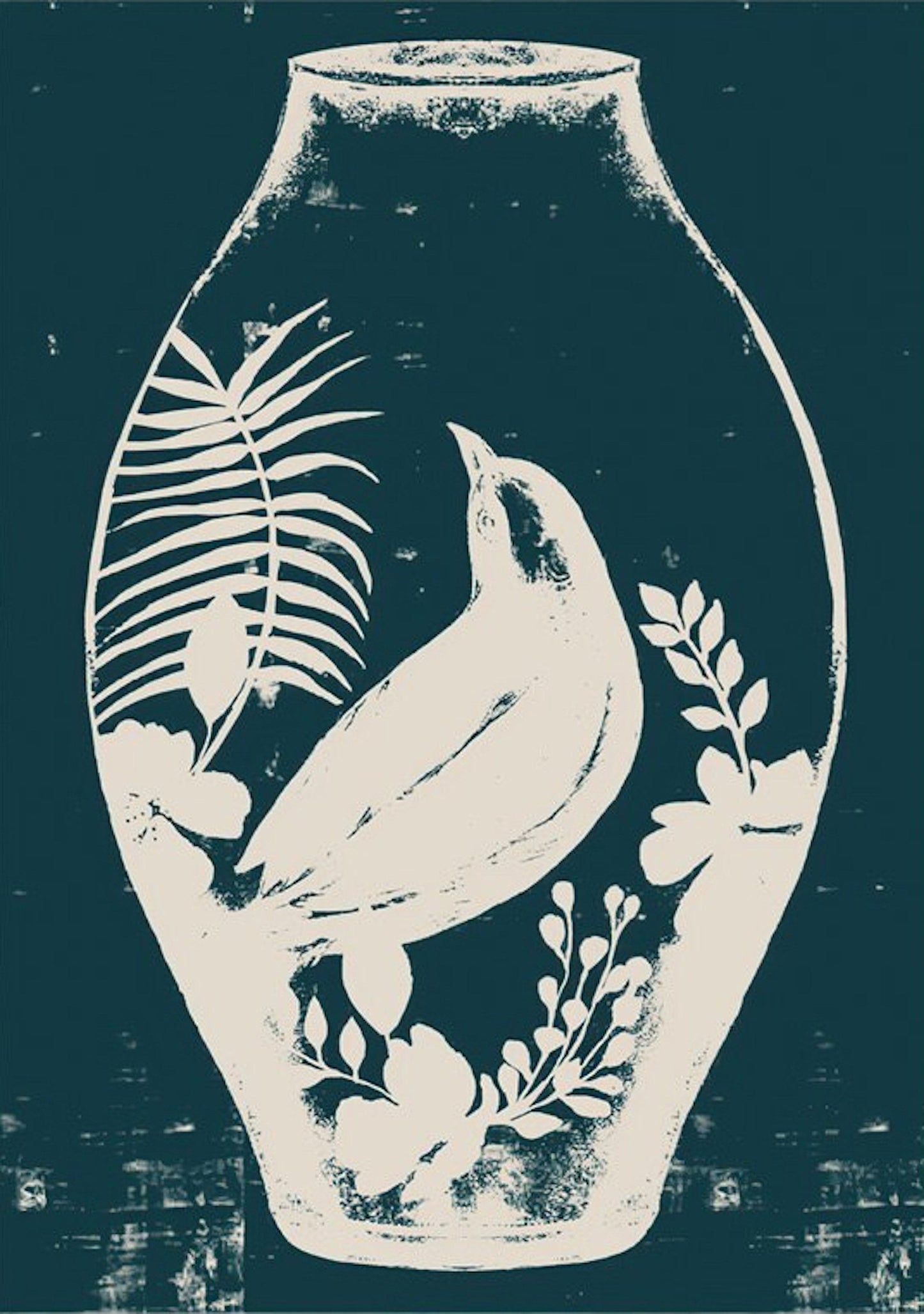 Ein bezauberndes Poster mit einem weißen Vogel und Pflanzenmotiven auf einem dunkelgrünen Hintergrund. Ideal als Deko Print für kreative Raumgestaltungen von justgoodmood.