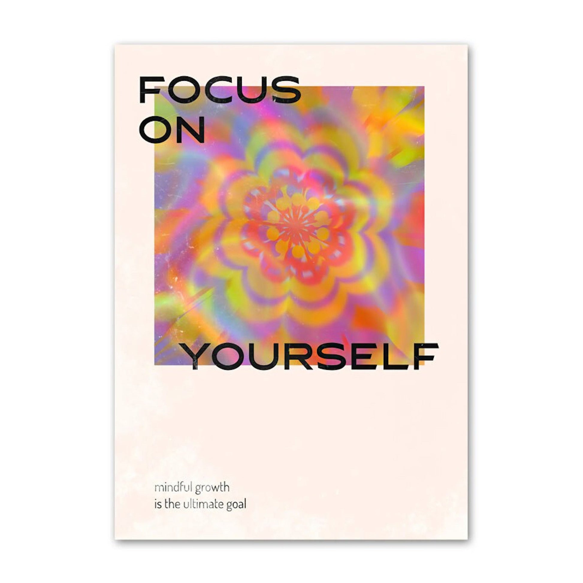 Bunter Deko-Print von justgoodmood mit dem Titel 'Fokussieren, Gleichgewicht und Energie', der eine lebendige Darstellung und den Slogan 'FOCUS ON YOURSELF' präsentiert.