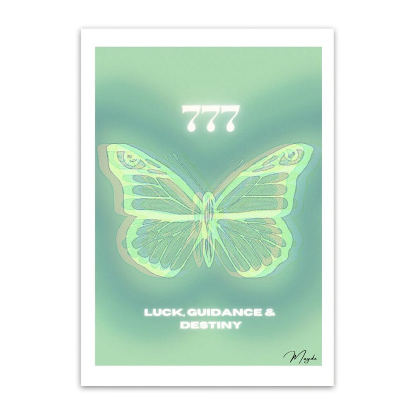 Ansprechendes Poster mit einem Schmetterling und der Engelzahl 777, betitelt "Luck, Guidance & Destiny". Ein Kunstwerk von justgoodmood aus der Reihe "Engelszahlen dreier Reihe 111 bis 999".