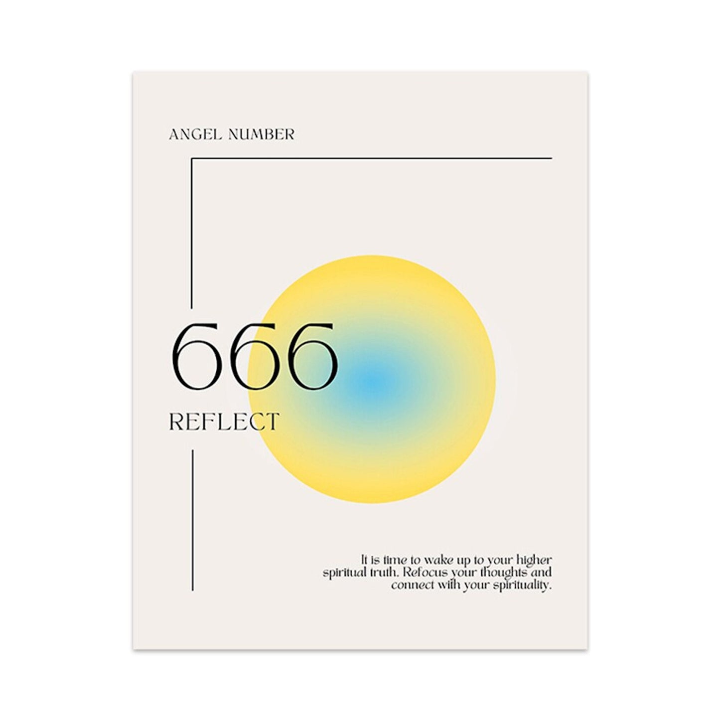 Poster von justgoodmood mit der Engelszahl 666. Das kunstvolle Design zeigt die Zahl in einer lebendigen gelben Kreiskombination mit dem Wort 'REFLECT'. Perfekt für eine inspirierende Wanddekoration.