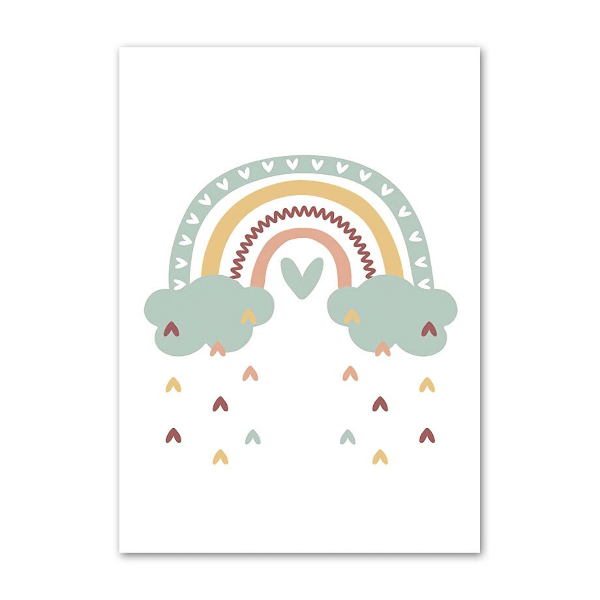 Kreatives Regenbogen-Poster mit Wolken und Herzchen, fröhliche Wanddeko für Kinderzimmer von justgoodmood, ohne Rahmen.