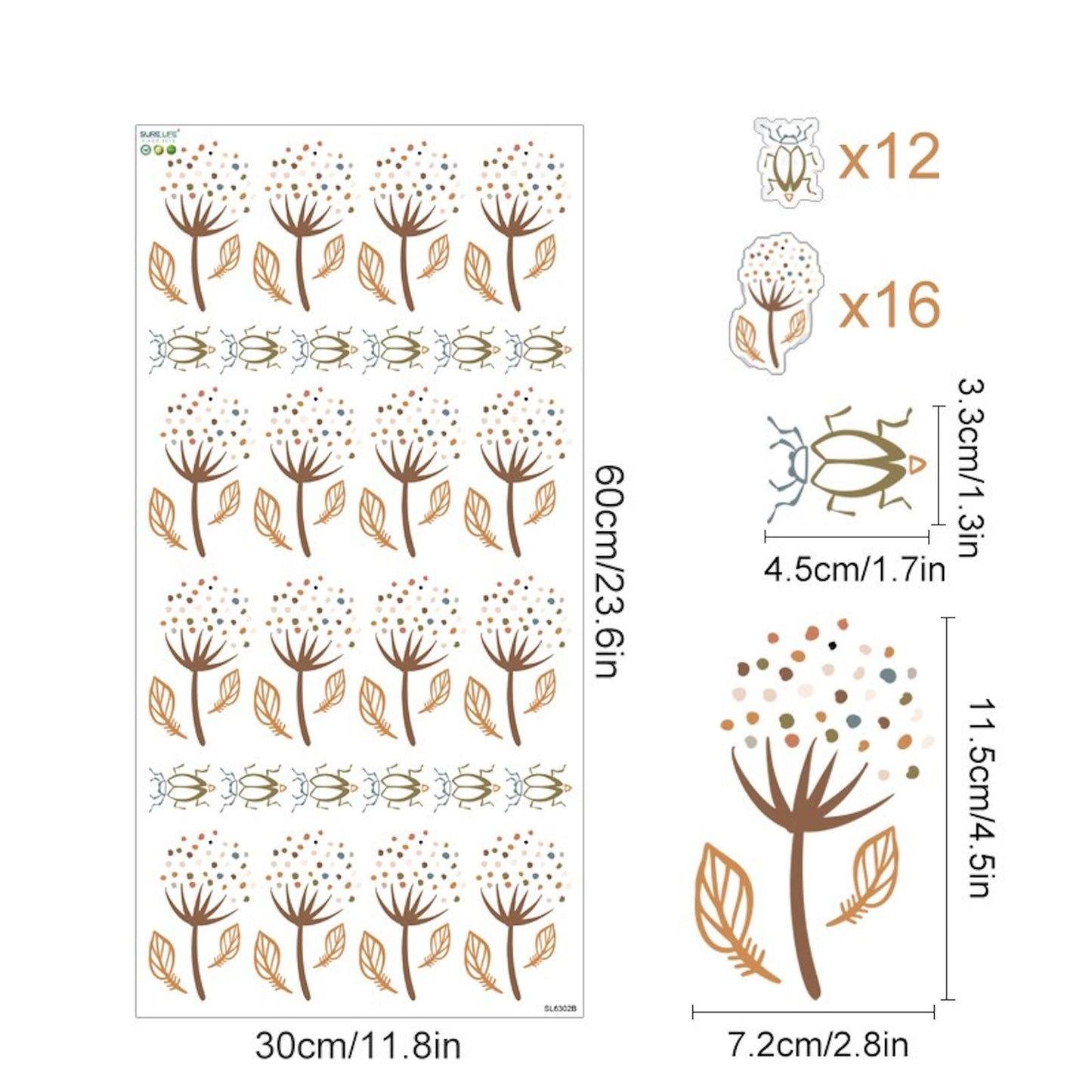 Wandaufkleber für Kinderzimmer Löwenzahn in Boho Stil als Sticker Set von justgoodmood, illustriert die praktische Anwendung und Größe der Wandtattoos auf einem Anordnungssheet, ideal für kreative Kinderzimmer-Gestaltung.