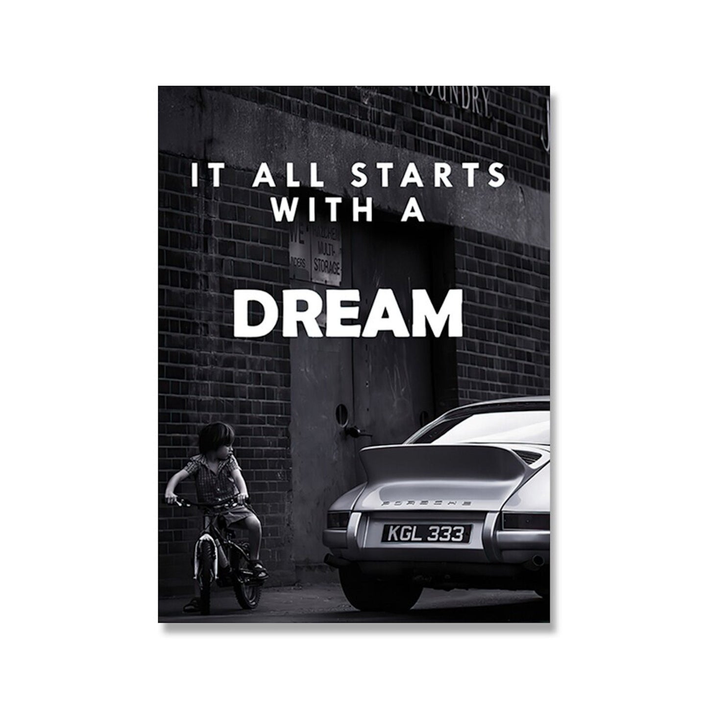 Poster von justgoodmood mit dem Titel "Luxus Fahrzeuge und Geschäfte" - Ein inspirierendes Bild eines Jungen auf einem Fahrrad neben einem luxuriösen Auto, das ein Traum-Statement vermittelt.