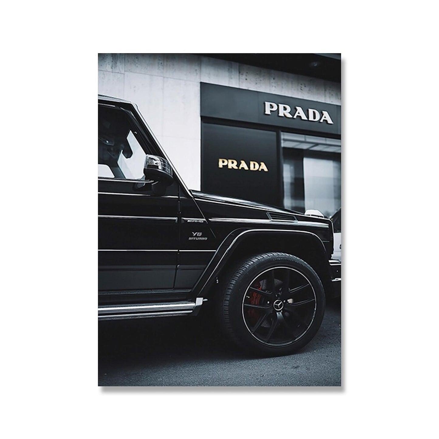 Stilvolles Poster von justgoodmood mit Luxus Auto vor einem Prada Geschäft, ideal als Deko Print für Ihr Zuhause.