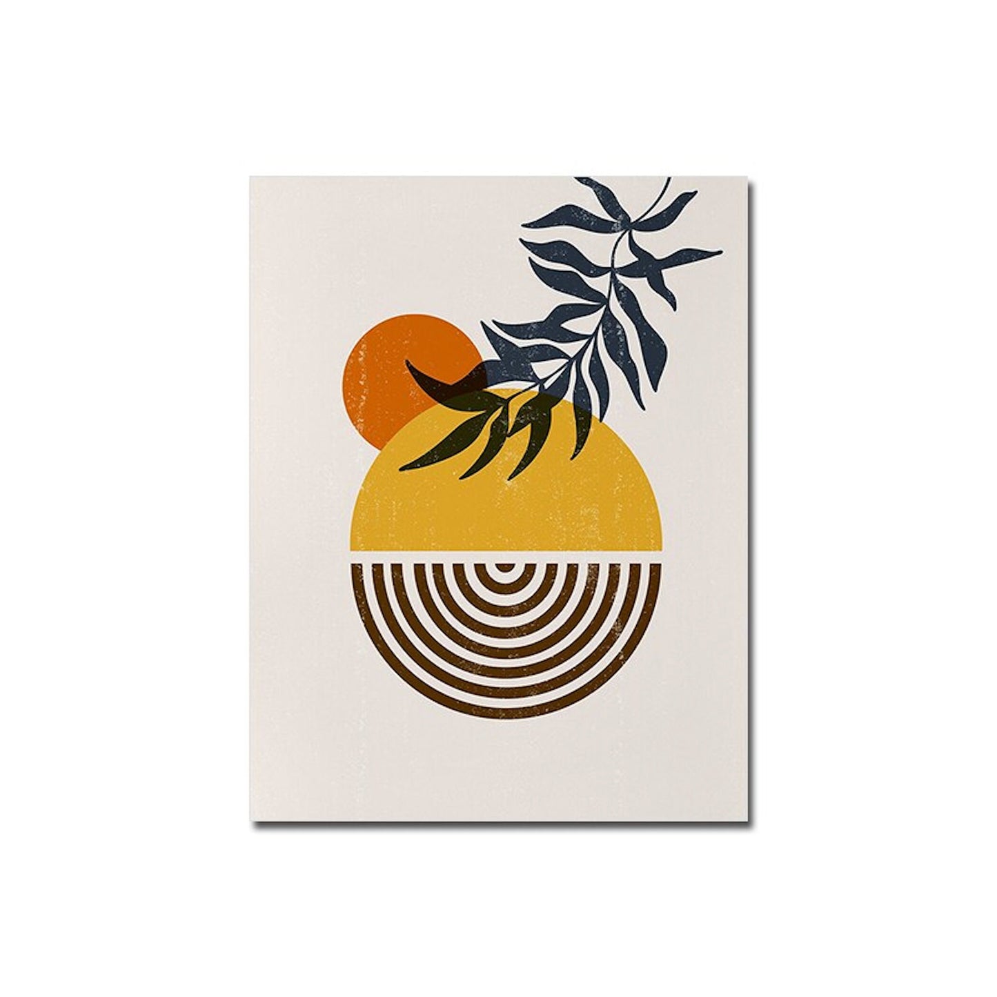 Stilvolles Boho Poster von justgoodmood mit einem Motiv aus Sonne und Blättern in leuchtenden Gelbtönen und Kreisdesign. Ideal für kreative Wandgestaltungen.
