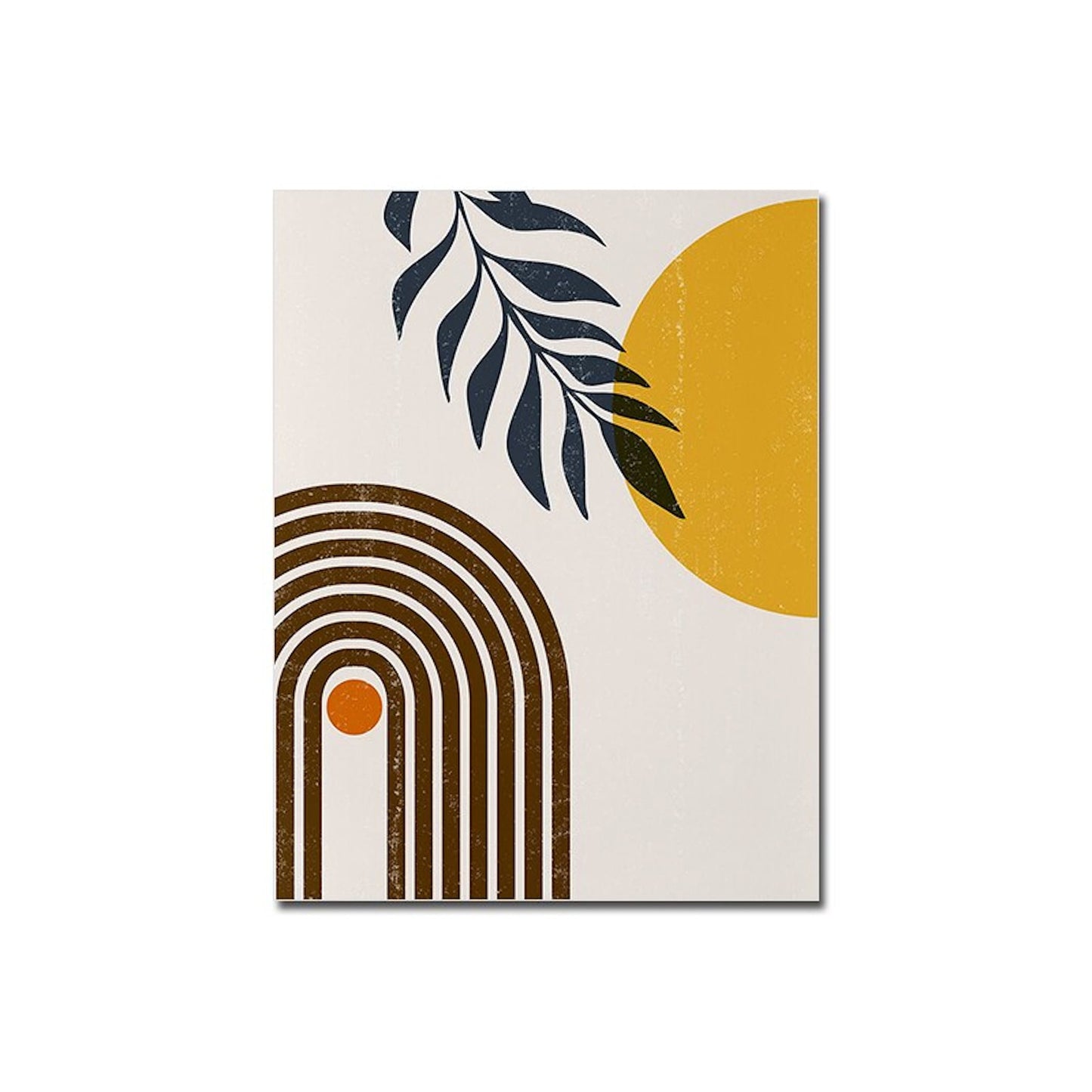 Bezauberndes Boho Poster von justgoodmood mit abstrakten Kreisen, einem Sonnenmotiv und Blättern in warmen Gelbtönen. Perfekte Wanddekoration für ein gemütliches Ambiente.