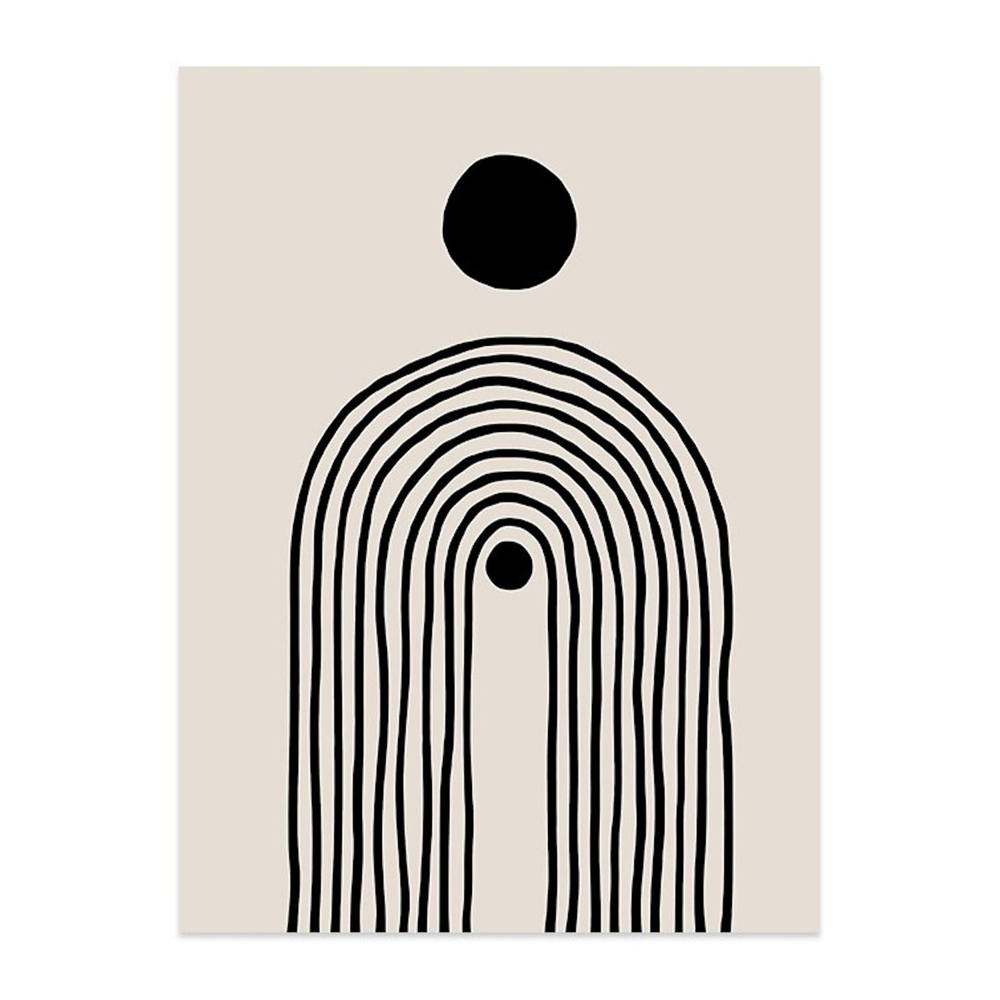 Minimalistischer Kunstdruck mit geschwungenen Linien und geometrischen Formen, ein toller Wandschmuck, von justgoodmood, Poster Berge am Mondschein und Pflanze bei Regenbogen.