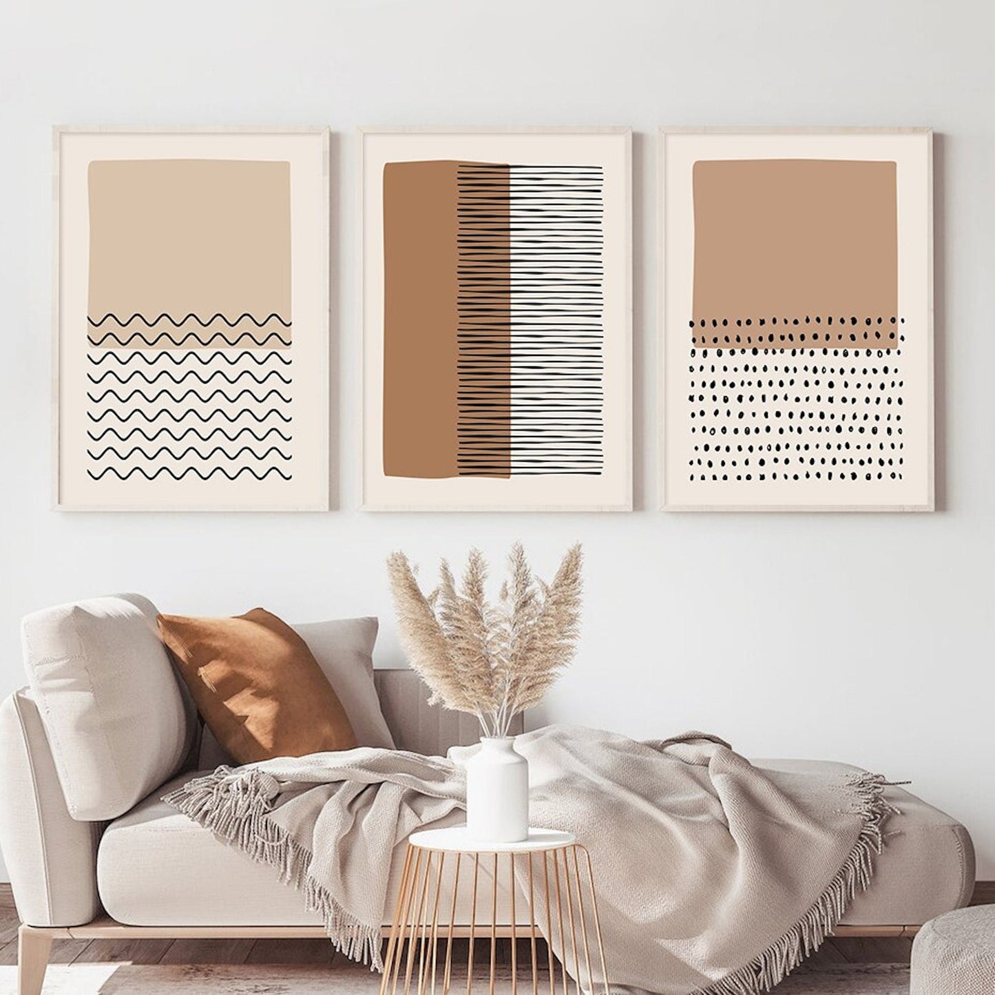 Poster Abstract shapes in beige brown and lines dot pattern as a decorative print without a frame