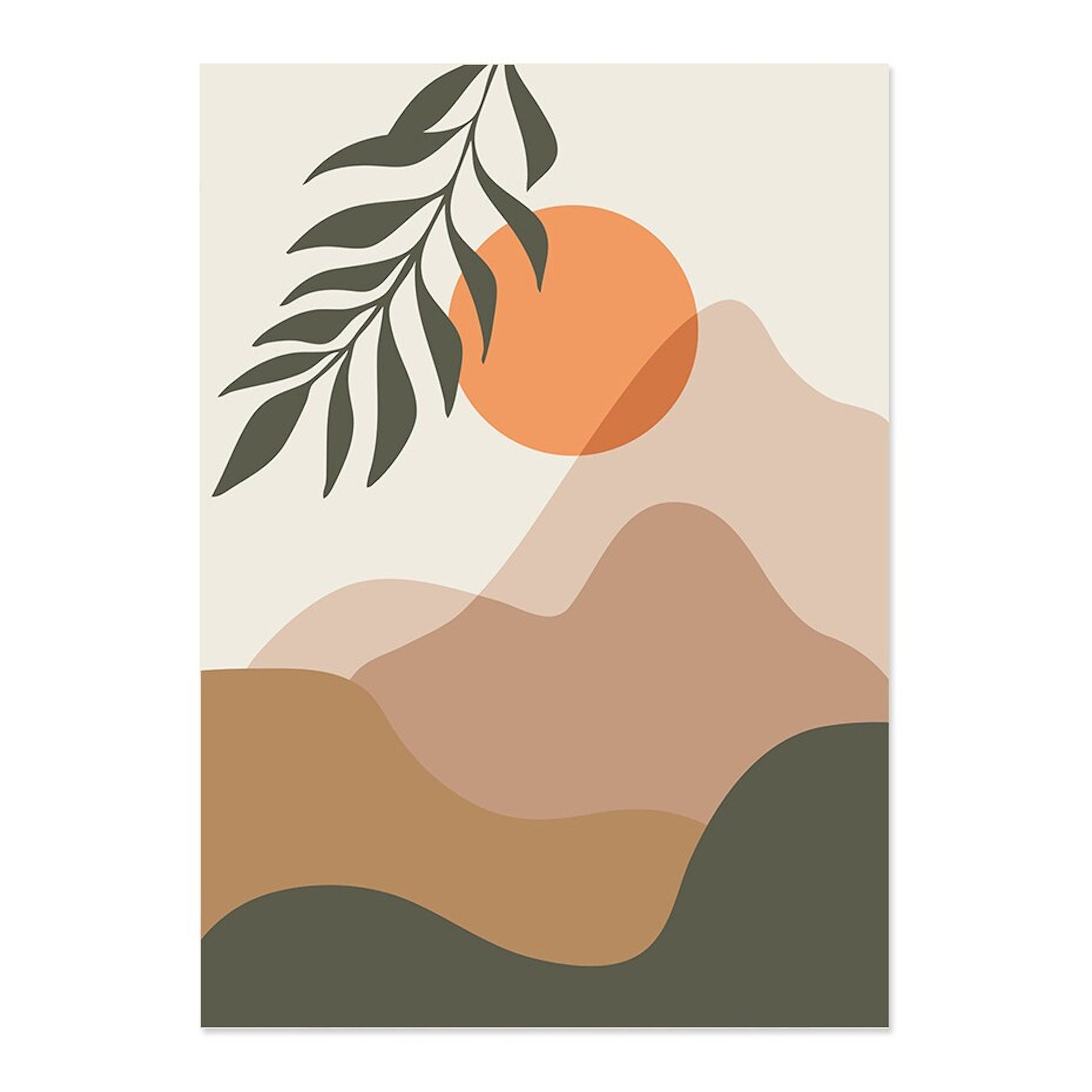 Boho Poster Pflanzen mit Linienformen von justgoodmood - Wunderschöner Druck mit künstlichen Bergen und einem strahlenden Sonnenmotiv.