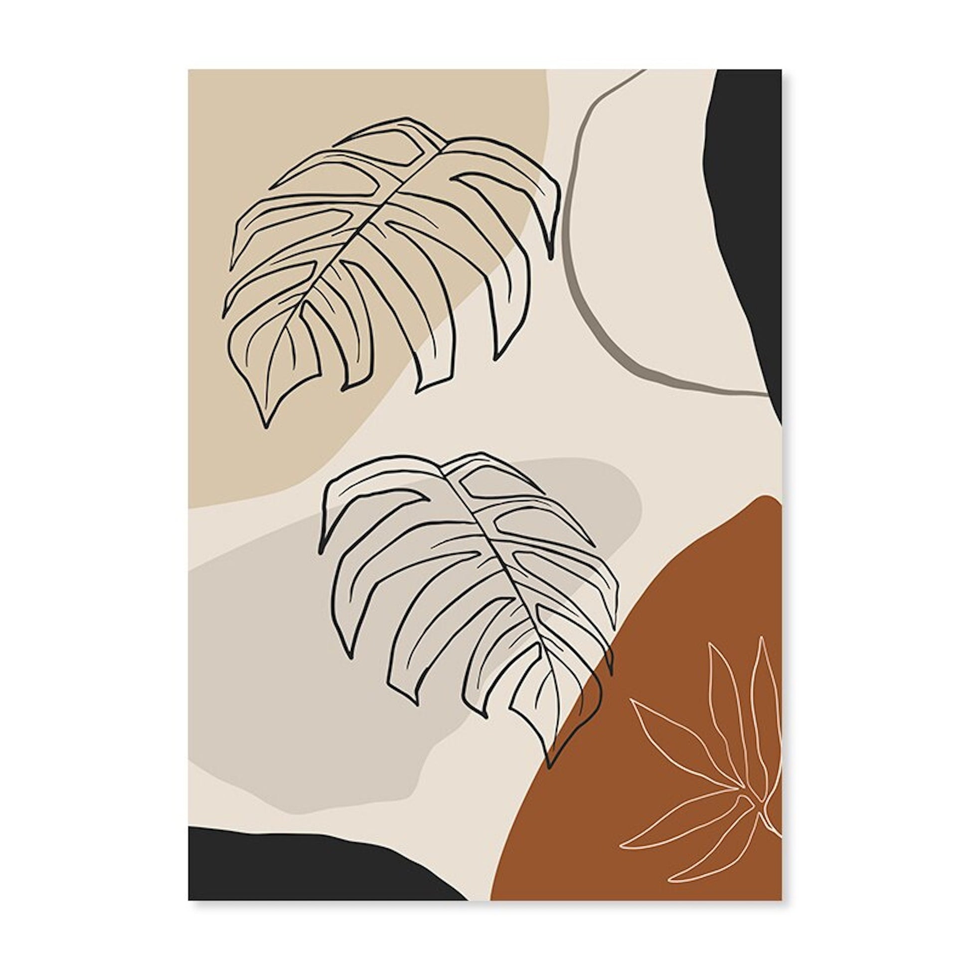 Schönes Poster mit Monstera-Blättern und geschwungenen Formen, perfekt für einen modernen Boho-Stil, von justgoodmood. Poster Monstera Blätter und Pflanzen Blätter Abstrakt Boho als Deko Print ohne Rahmen.