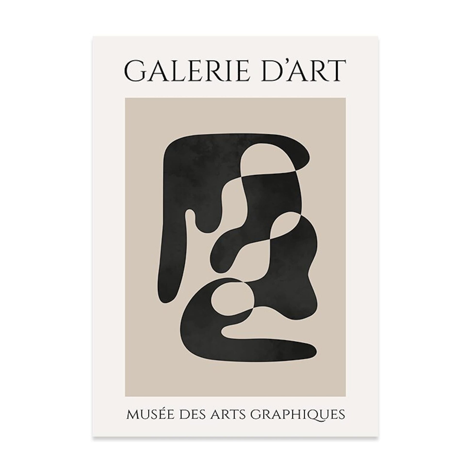 Künstlerisches Poster Galerie d'Art mit abstrakten Formen in Schwarz auf beige Hintergrund von justgoodmood für stilvolles Wohnen.