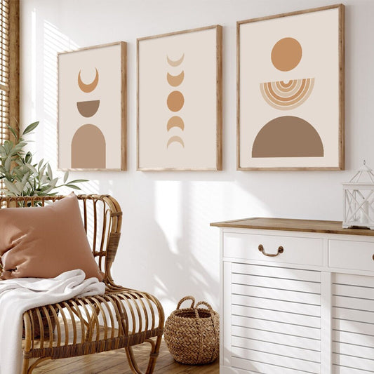 Stylische Wanddekoration mit Kunst Poster von justgoodmood, featuring warme Kreis- und Körperformen in einem modernen Wohnzimmer, perfekt als Deko Print ohne Rahmen.