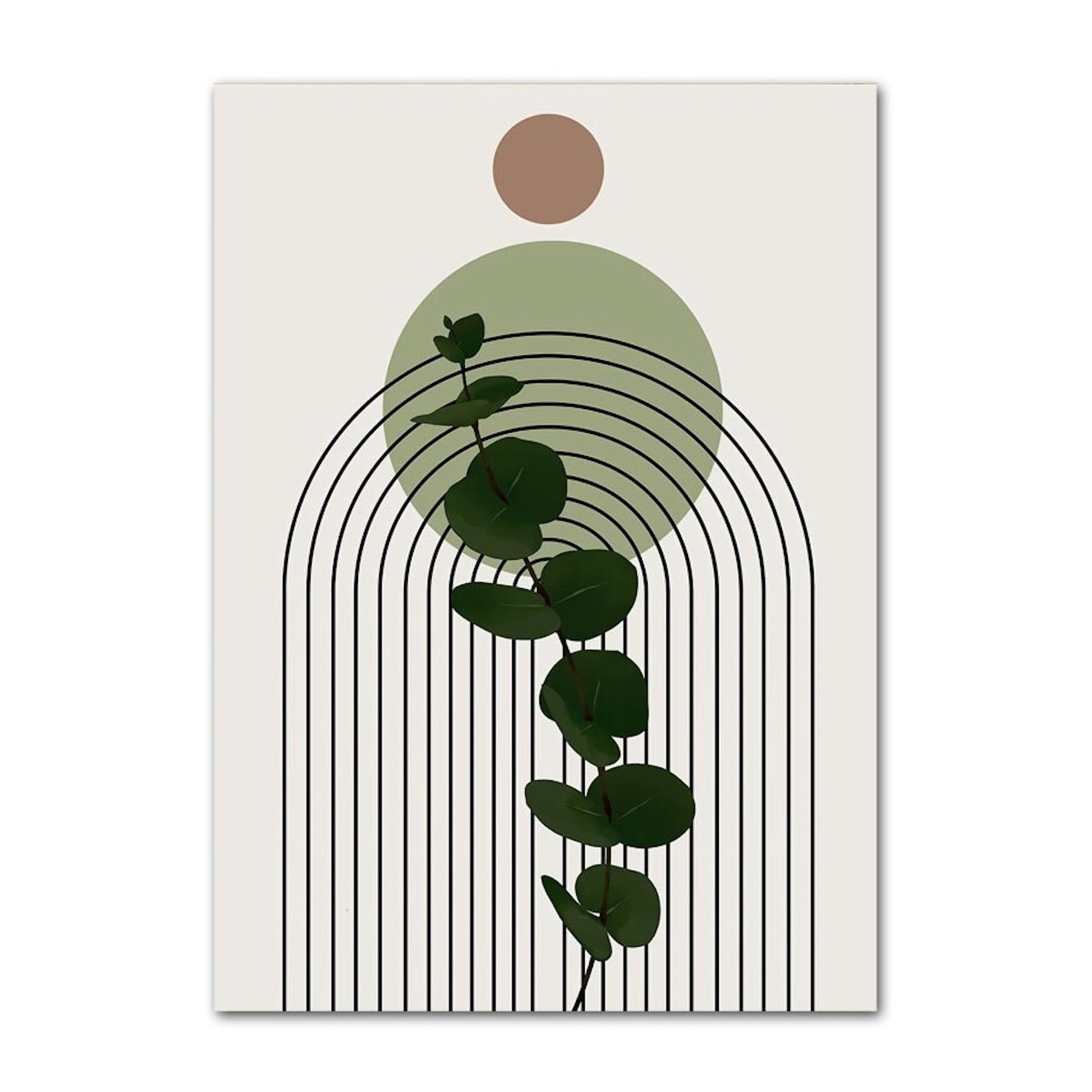 Schönes Poster mit Eukalyptus und stilisierten Linien, perfekter Wandschmuck für modern eingerichtete Räume, von justgoodmood, Titel: Poster Pflanzen Kugeln und Linien als Deko Print ohne Rahmen.