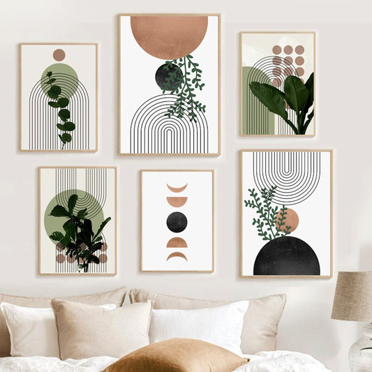 Attraktive Wandkunst mit Pflanzen und geometrischen Mustern, ideal für jedes Interieur, von justgoodmood, Titel: Poster Pflanzen Kugeln und Linien als Deko Print ohne Rahmen.