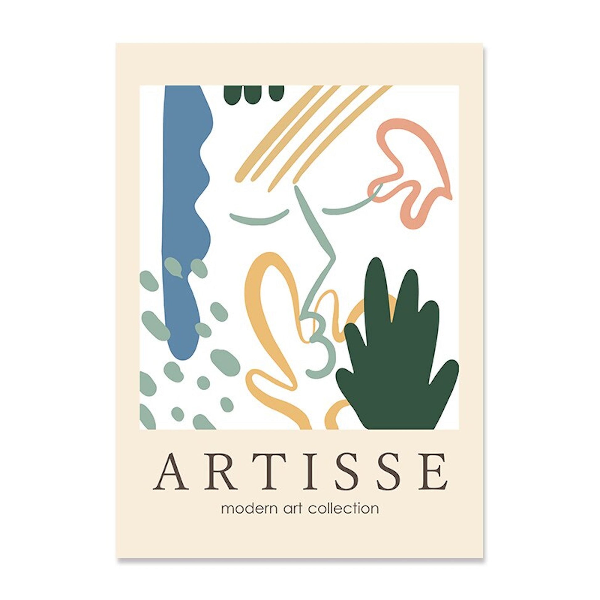 Kreatives Poster "ARTISSE" von justgoodmood, das lebendige Farben und eine moderne Kunstsammlung im Wohnraum beleuchtet.